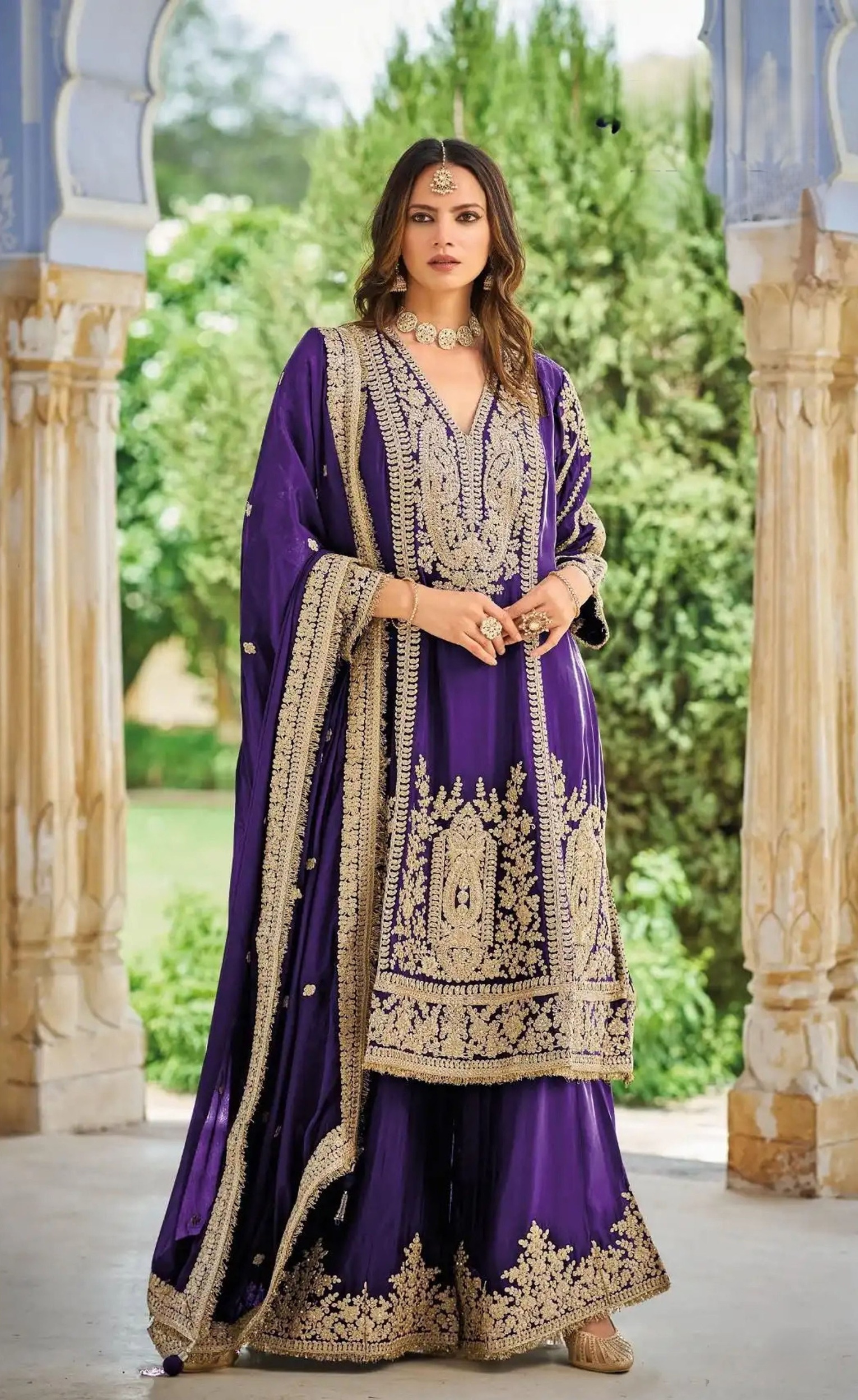 Purple Heavy Embroidery Chinon Palazzo Suit