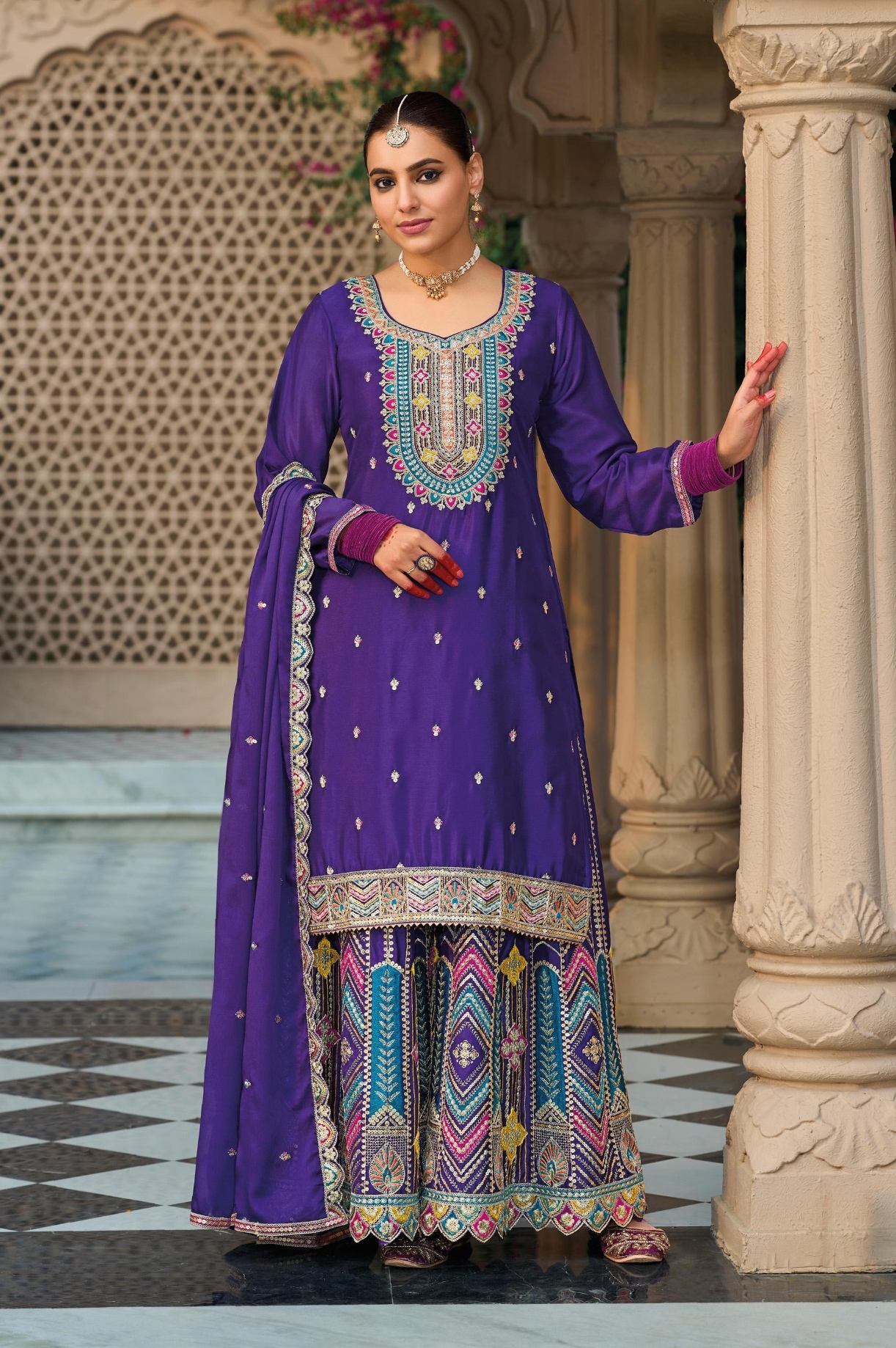 Purple Heavy Embroidery Chinon Palazzo Suit