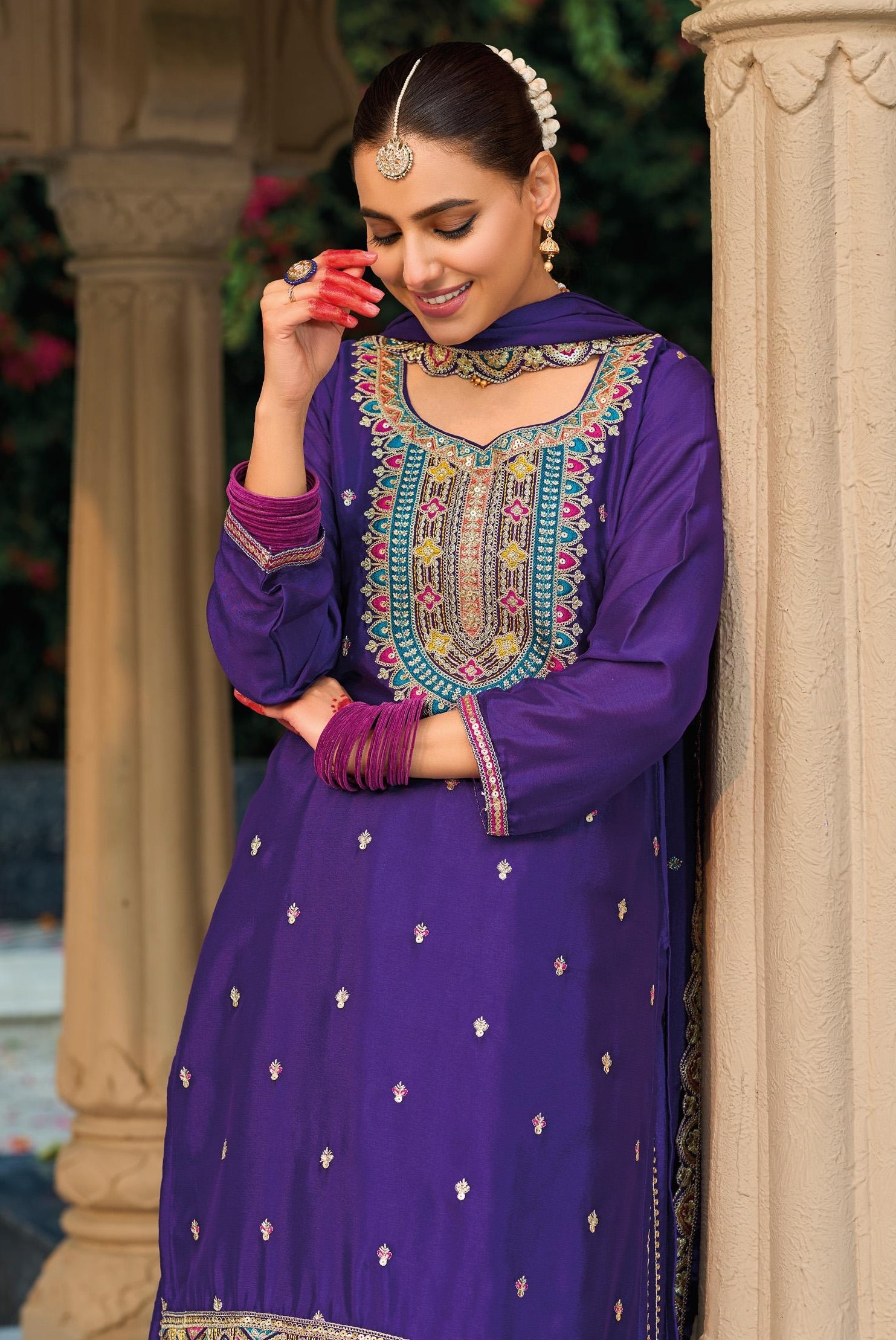 Purple Heavy Embroidery Chinon Palazzo Suit — alternate view