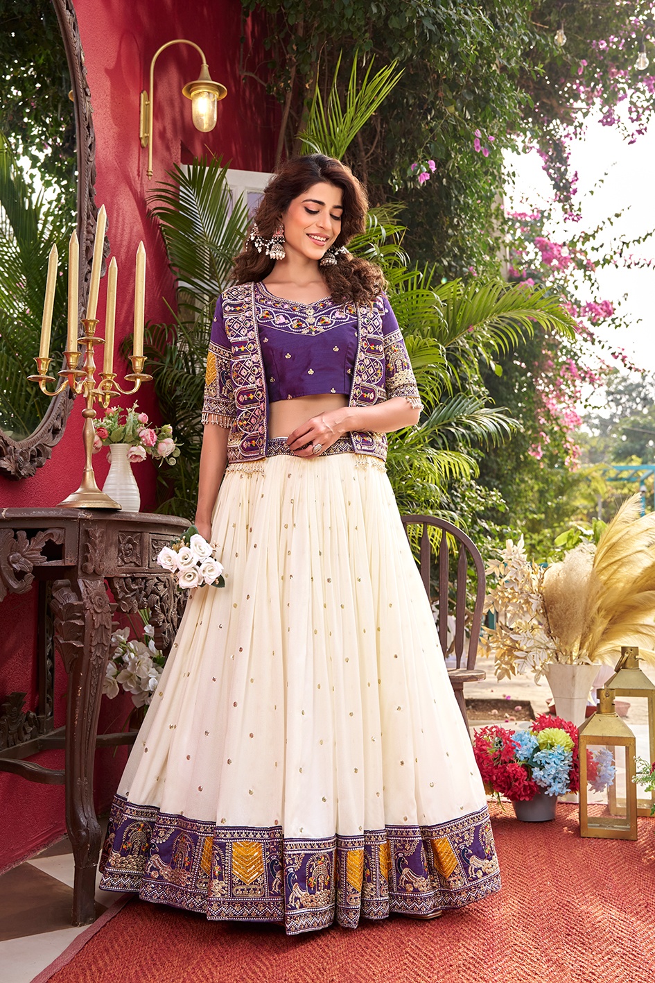 Purple Heavy Embroidery Thread Work Pure Vichitra Lehenga Choli with Koti — alternate view