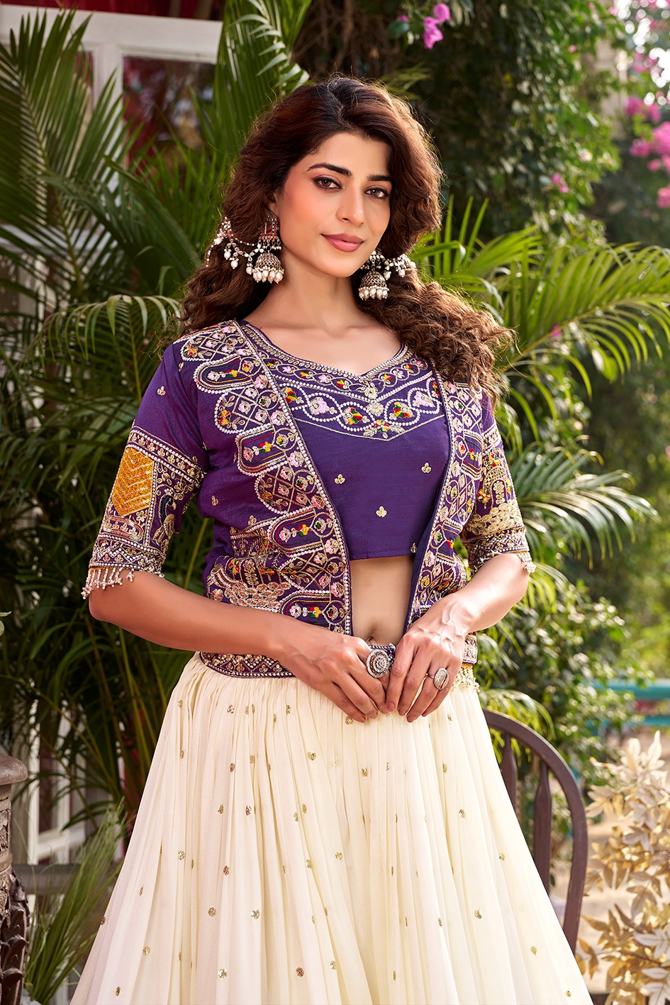 Purple Heavy Embroidery Thread Work Pure Vichitra Lehenga Choli with Koti
