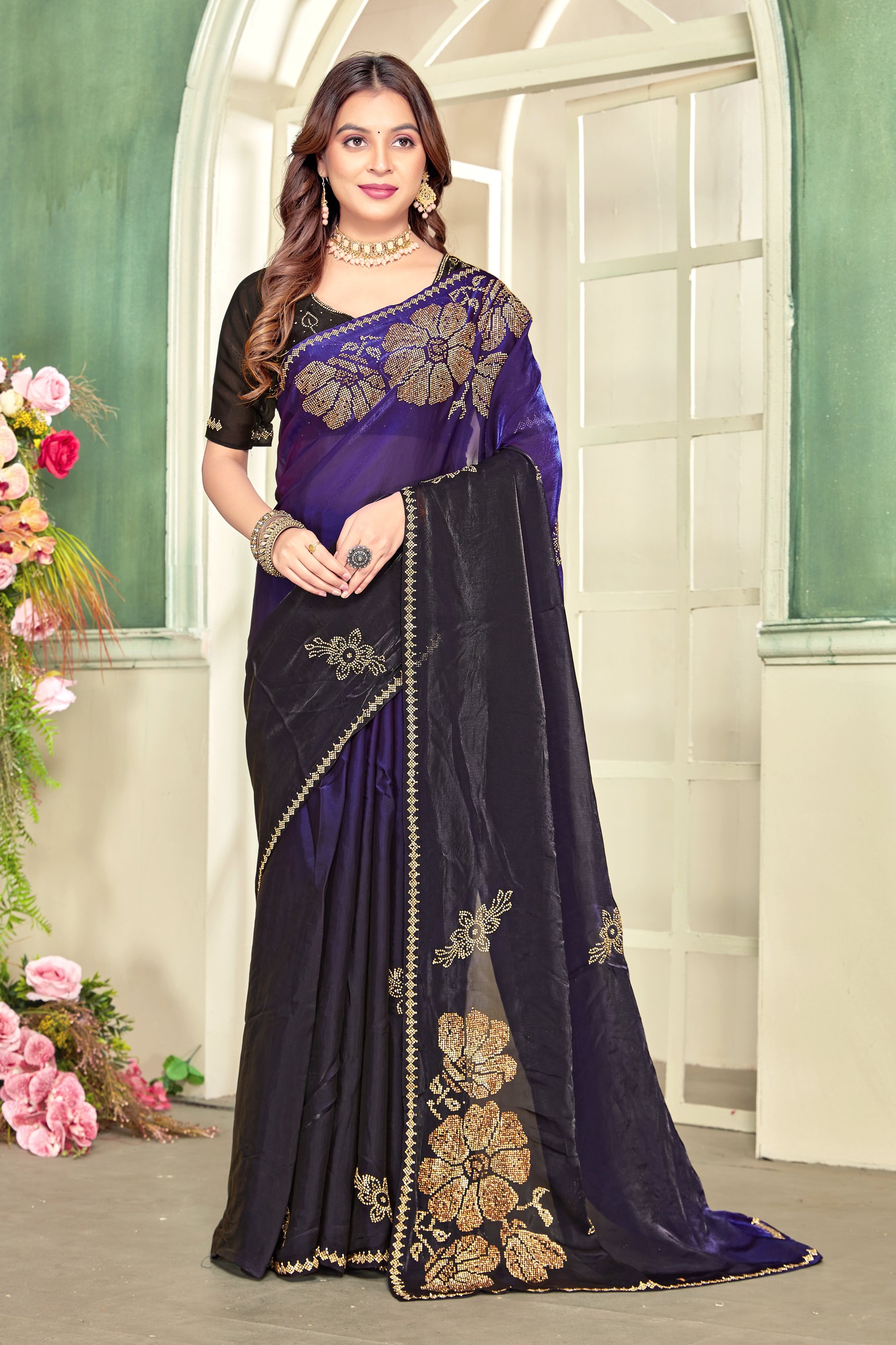 Purple Heavy Zircon Work Fendi Satin Silk Two Tone Saree