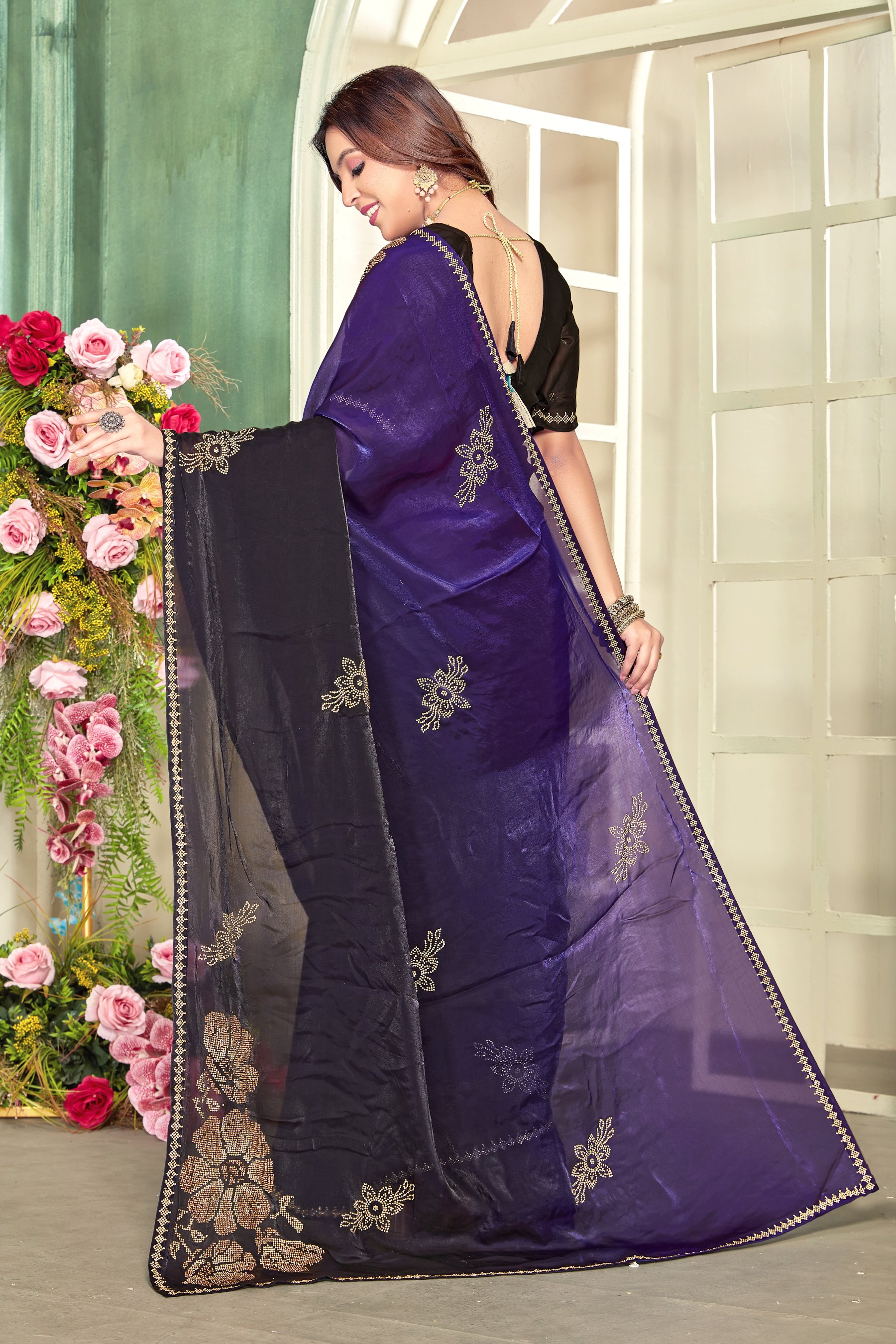 Purple Heavy Zircon Work Fendi Satin Silk Two Tone Saree — alternate view