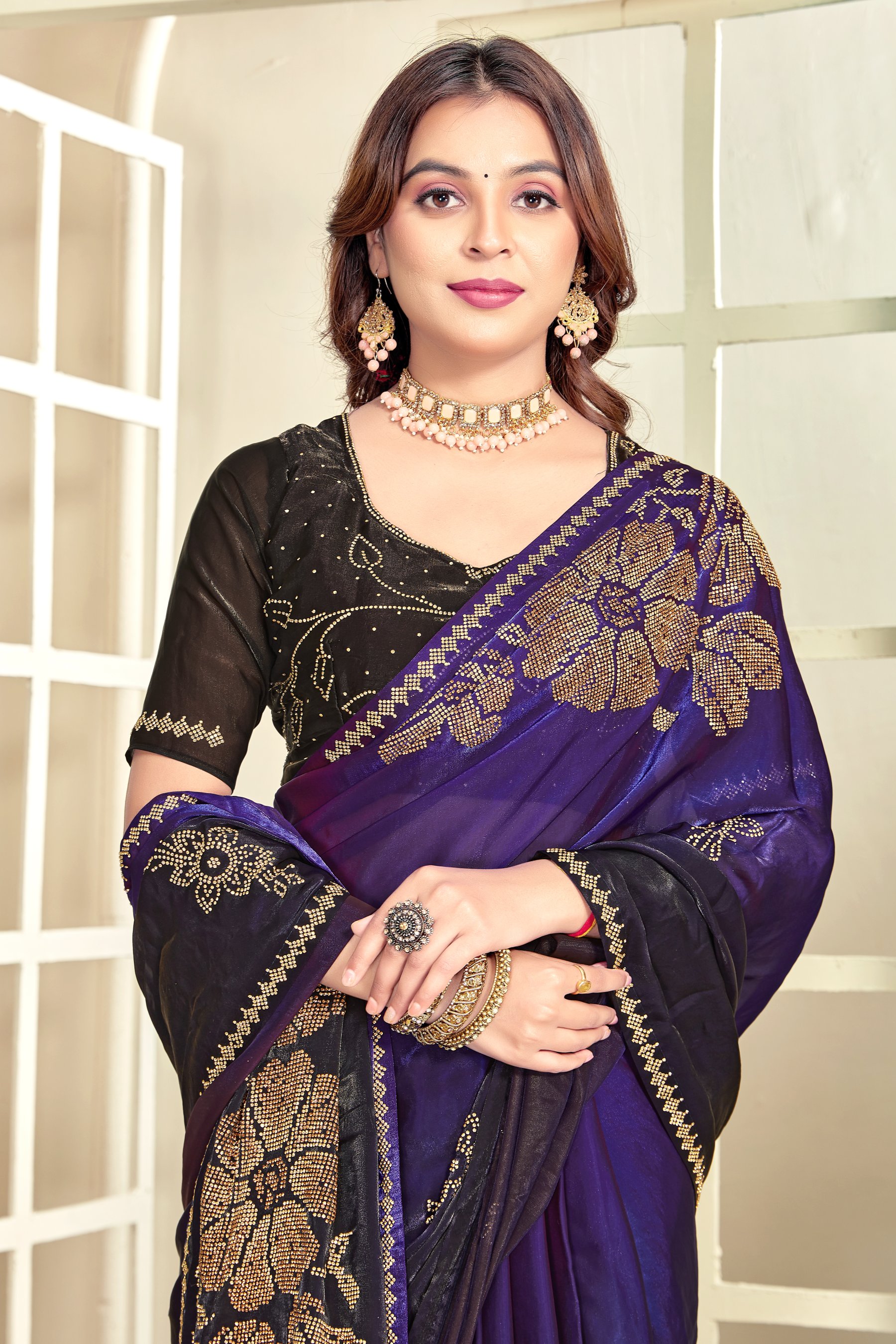 Purple Heavy Zircon Work Fendi Satin Silk Two Tone Saree