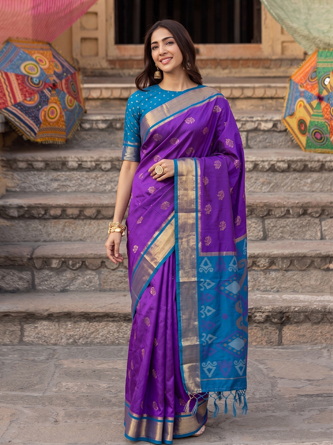 Purple Heritage Butti Woven Zari Jacquard Designer Soft Silk Saree