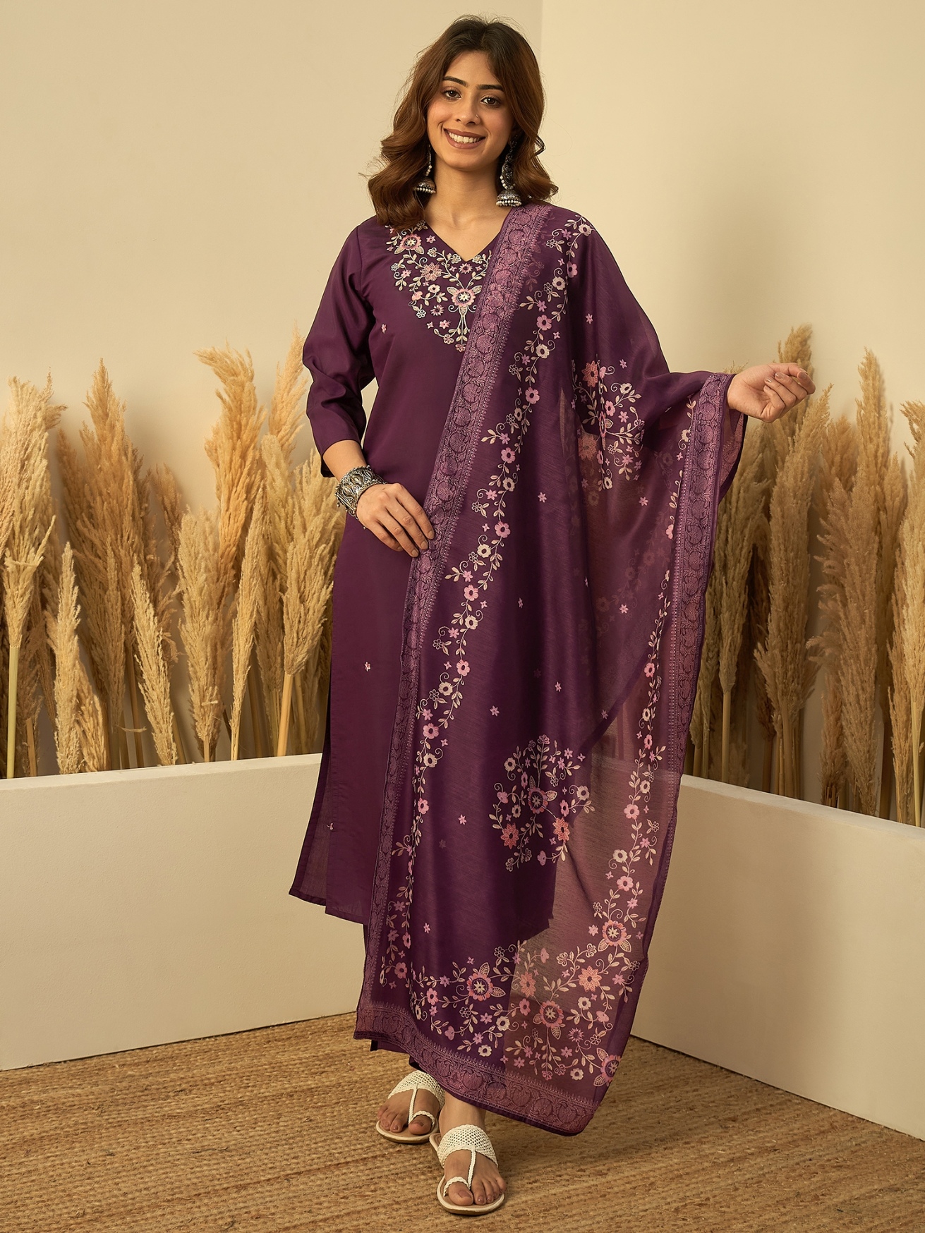 Purple Heritage Embroidered Roman Silk Kurta Set