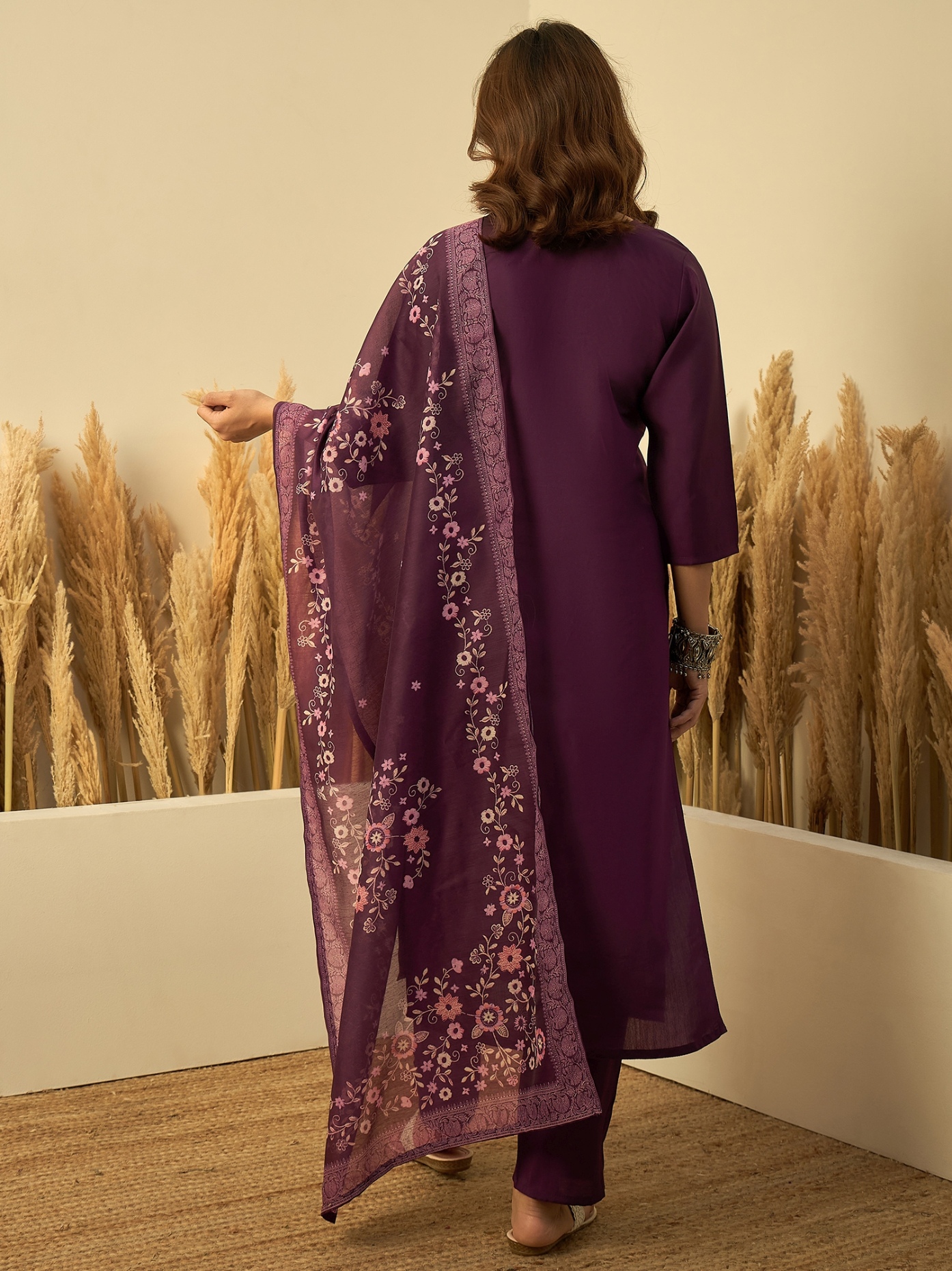 Purple Heritage Embroidered Roman Silk Kurta Set — alternate view