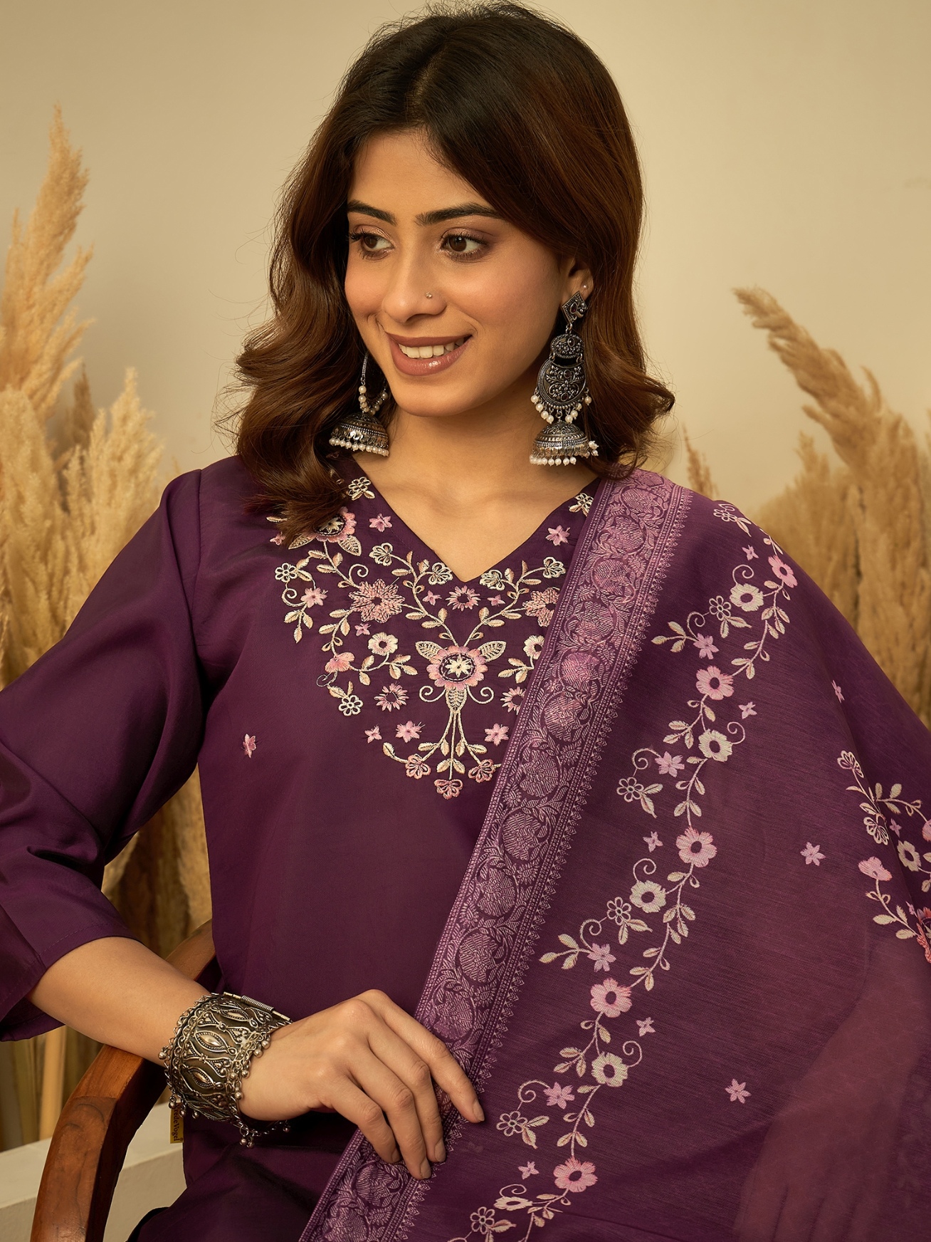 Purple Heritage Embroidered Roman Silk Kurta Set