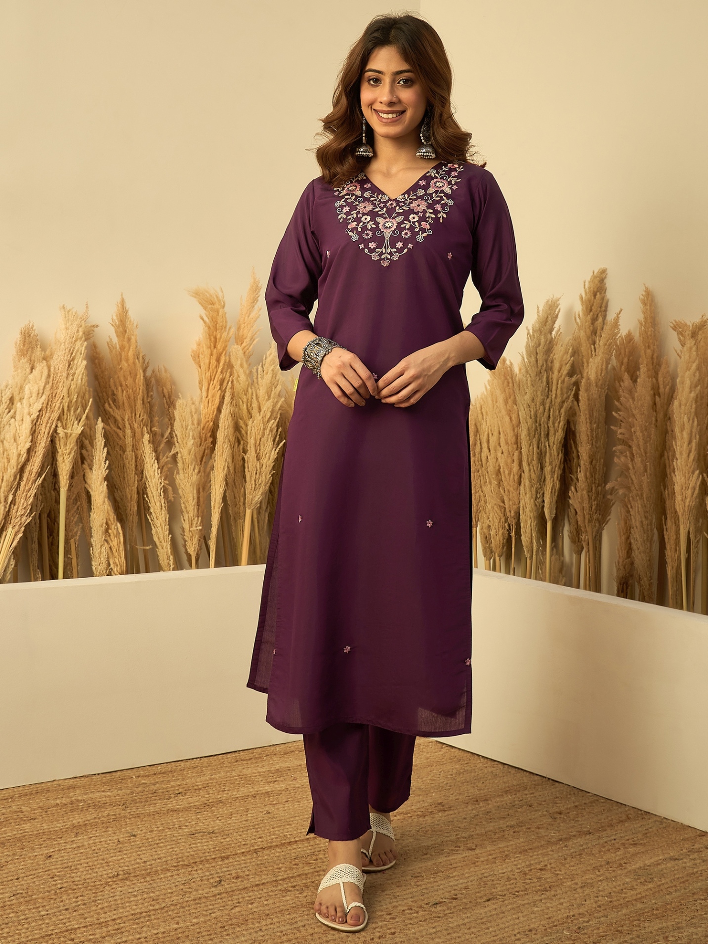 Purple Heritage Embroidered Roman Silk Kurta Set