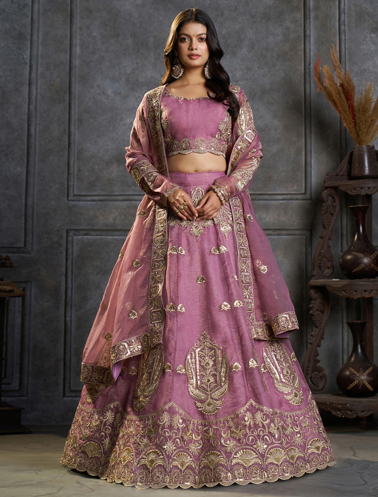 Purple Heritage Embroidery Organza Lehenga Choli