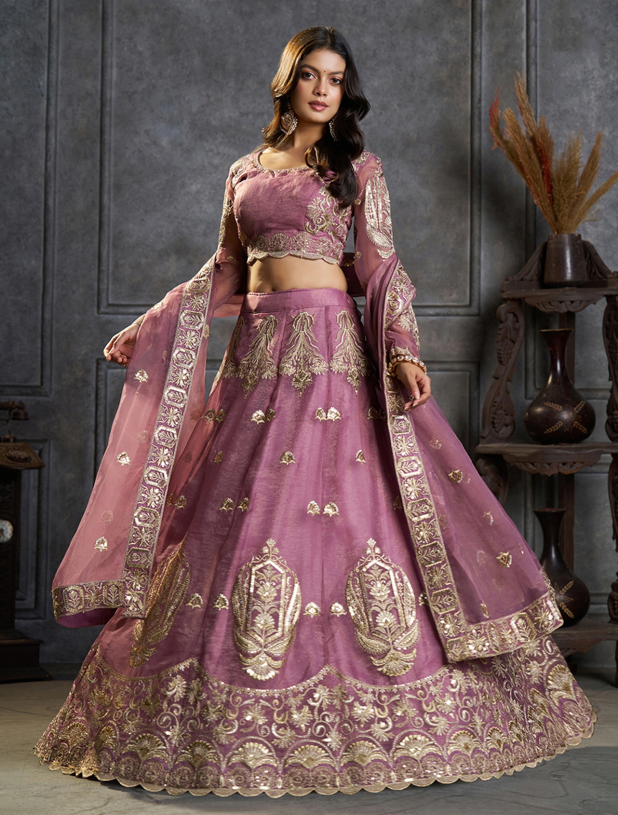 Purple Heritage Embroidery Organza Lehenga Choli