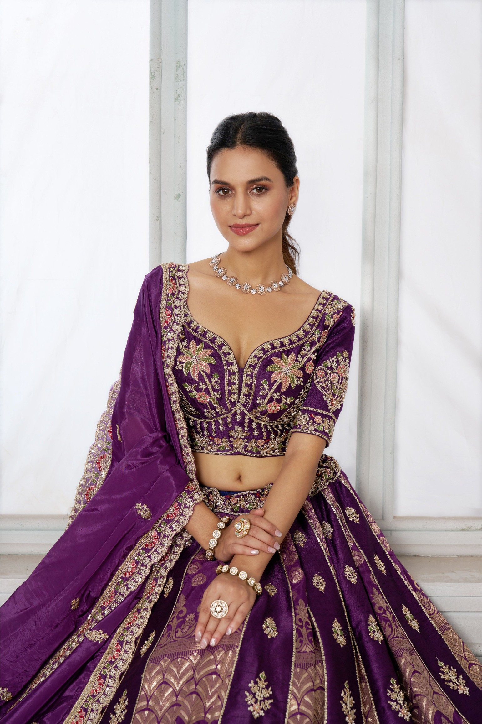 Purple Heritage Embroidery Silk Panelled Lehenga Choli