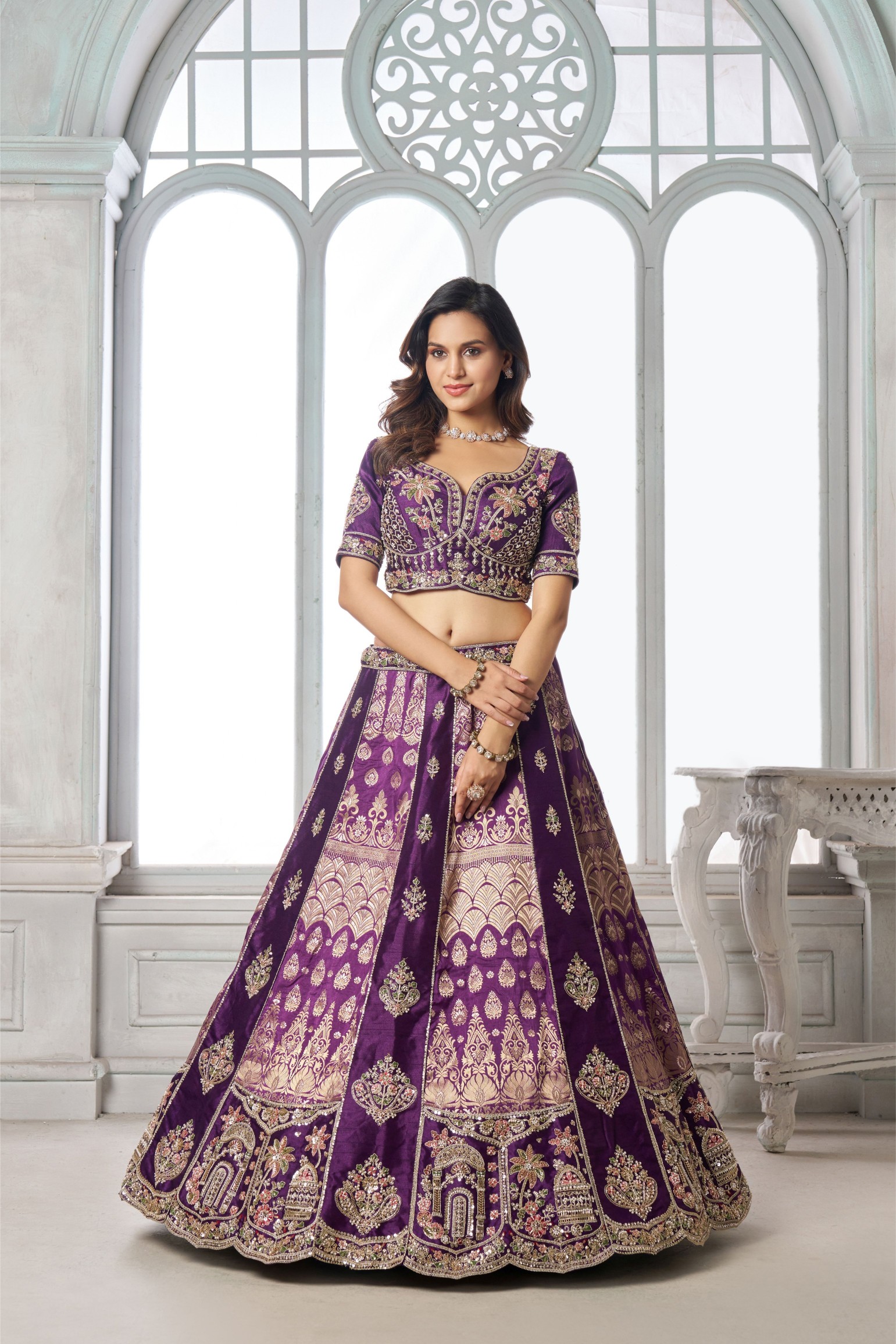 Purple Heritage Embroidery Silk Panelled Lehenga Choli