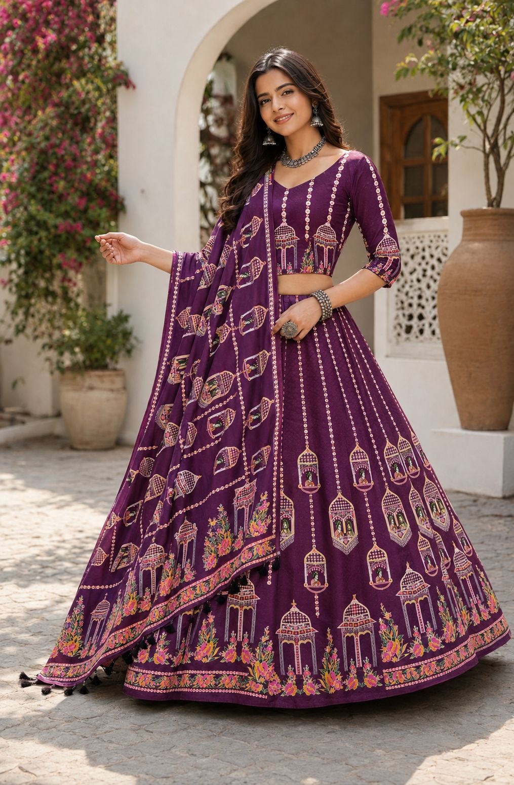 Purple Heritage Motif Designer Cotton Rayon Lehenga Choli