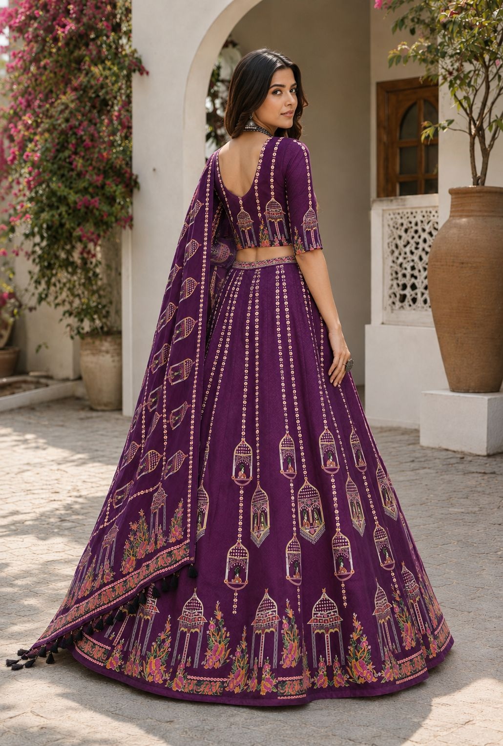 Purple Heritage Motif Designer Cotton Rayon Lehenga Choli — alternate view