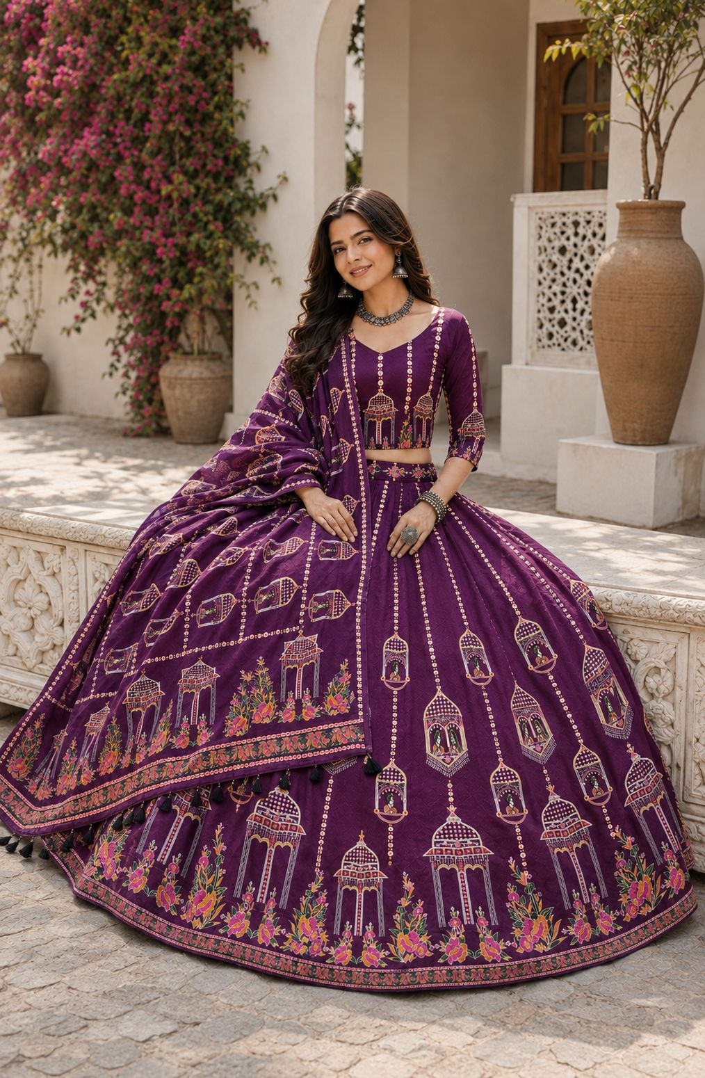 Purple Heritage Motif Designer Cotton Rayon Lehenga Choli