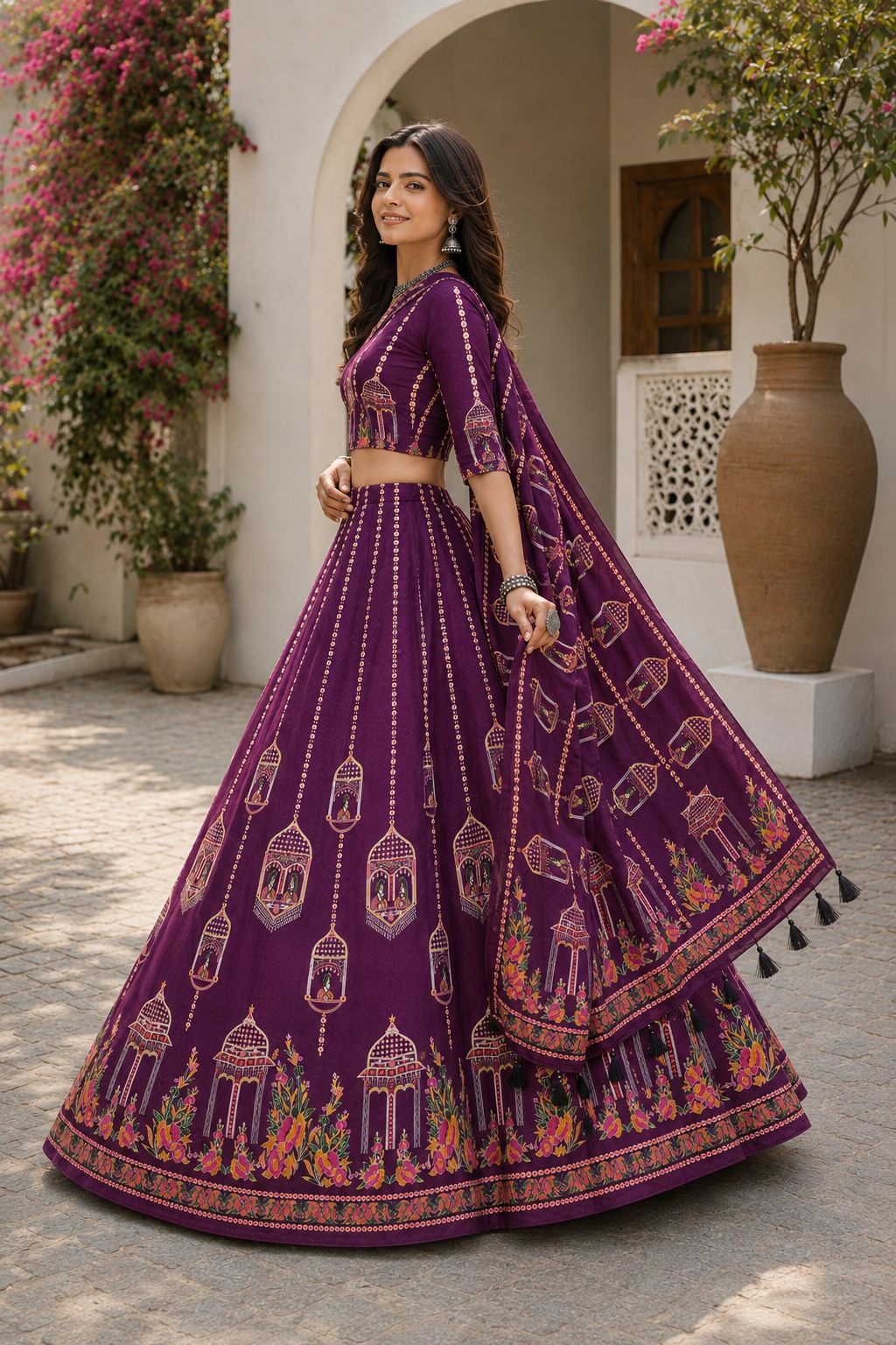 Purple Heritage Motif Designer Cotton Rayon Lehenga Choli