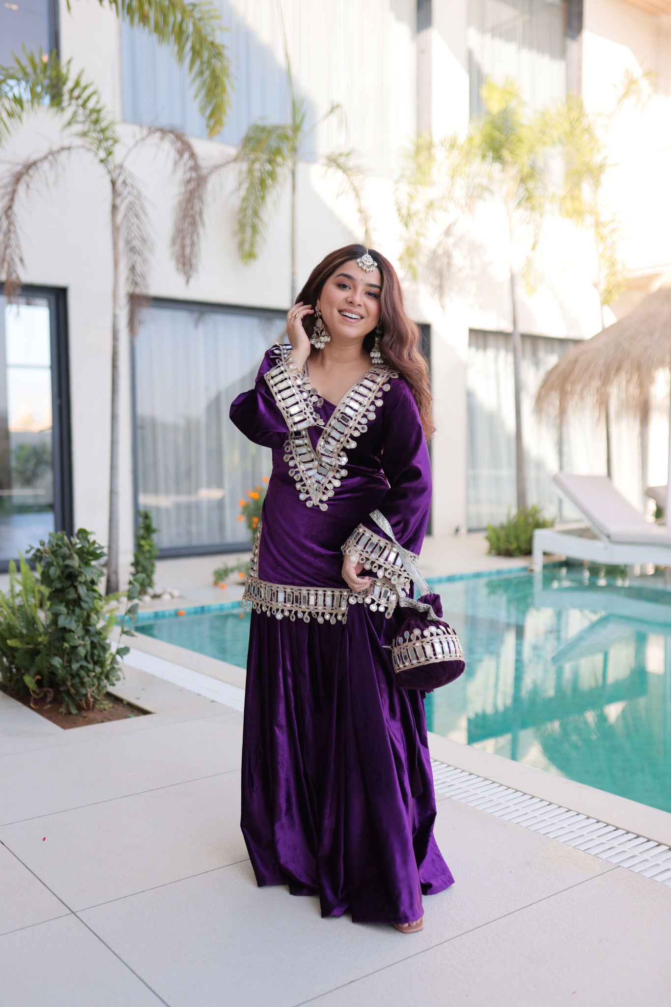 Purple Ice Velvet Mirror Work with Zari Embroidered Sharara Suit