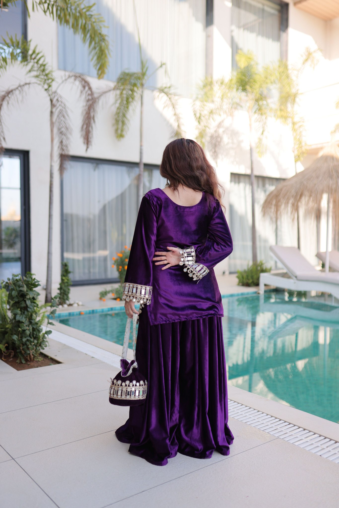 Purple Ice Velvet Mirror Work with Zari Embroidered Sharara Suit — alternate view