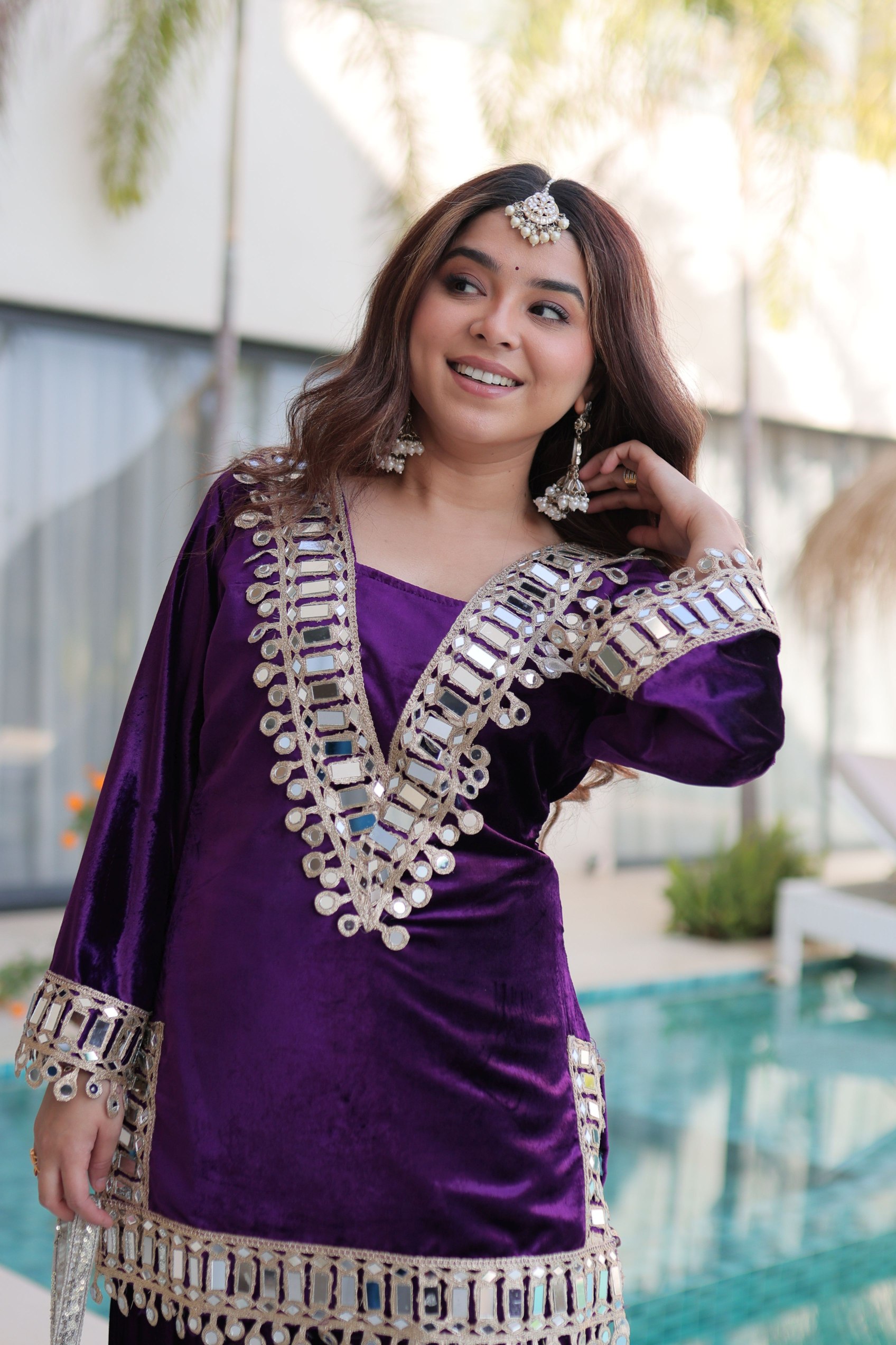 Purple Ice Velvet Mirror Work with Zari Embroidered Sharara Suit