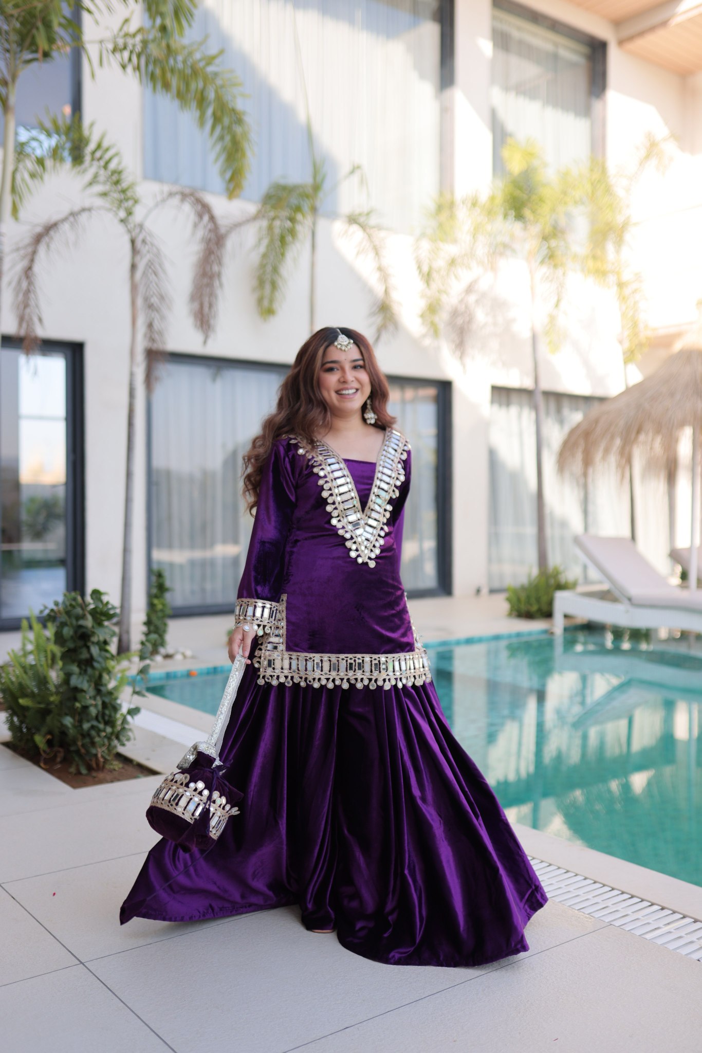 Purple Ice Velvet Mirror Work with Zari Embroidered Sharara Suit