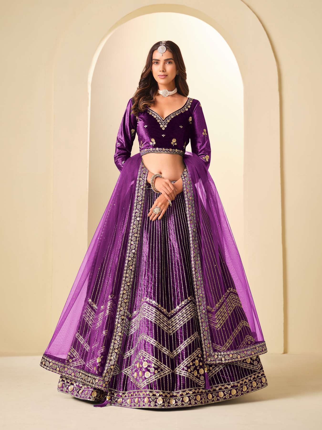 Purple Ice Velvet Printed and Embroidered Lehenga Choli