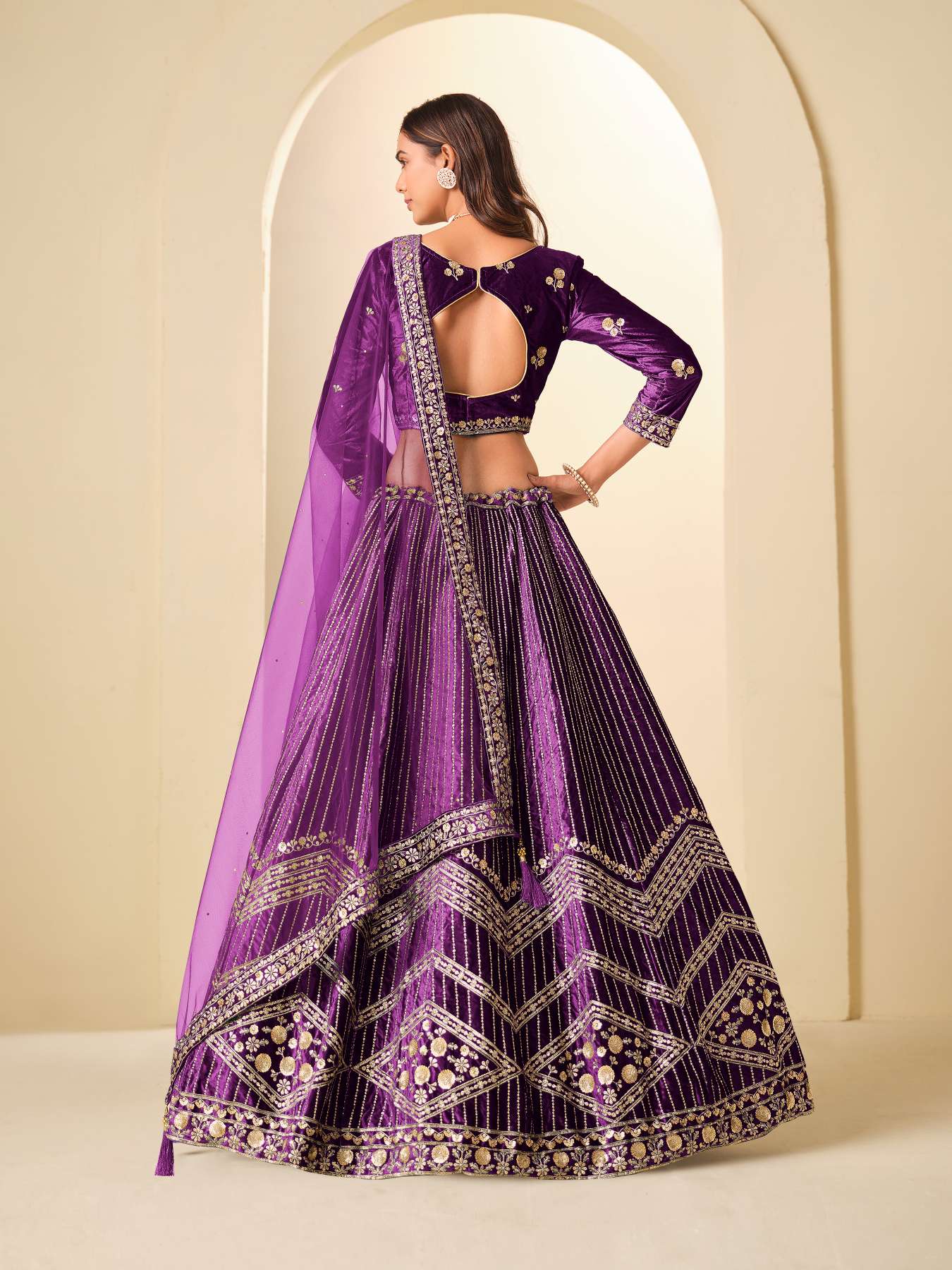 Purple Ice Velvet Printed and Embroidered Lehenga Choli — alternate view