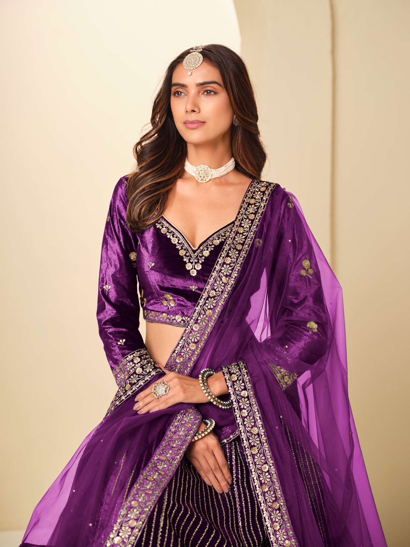 Purple Ice Velvet Printed and Embroidered Lehenga Choli