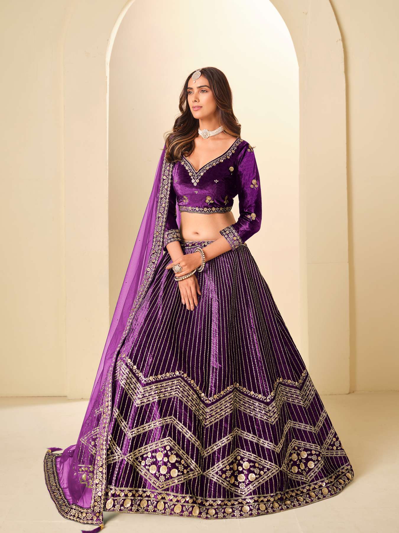 Purple Ice Velvet Printed and Embroidered Lehenga Choli