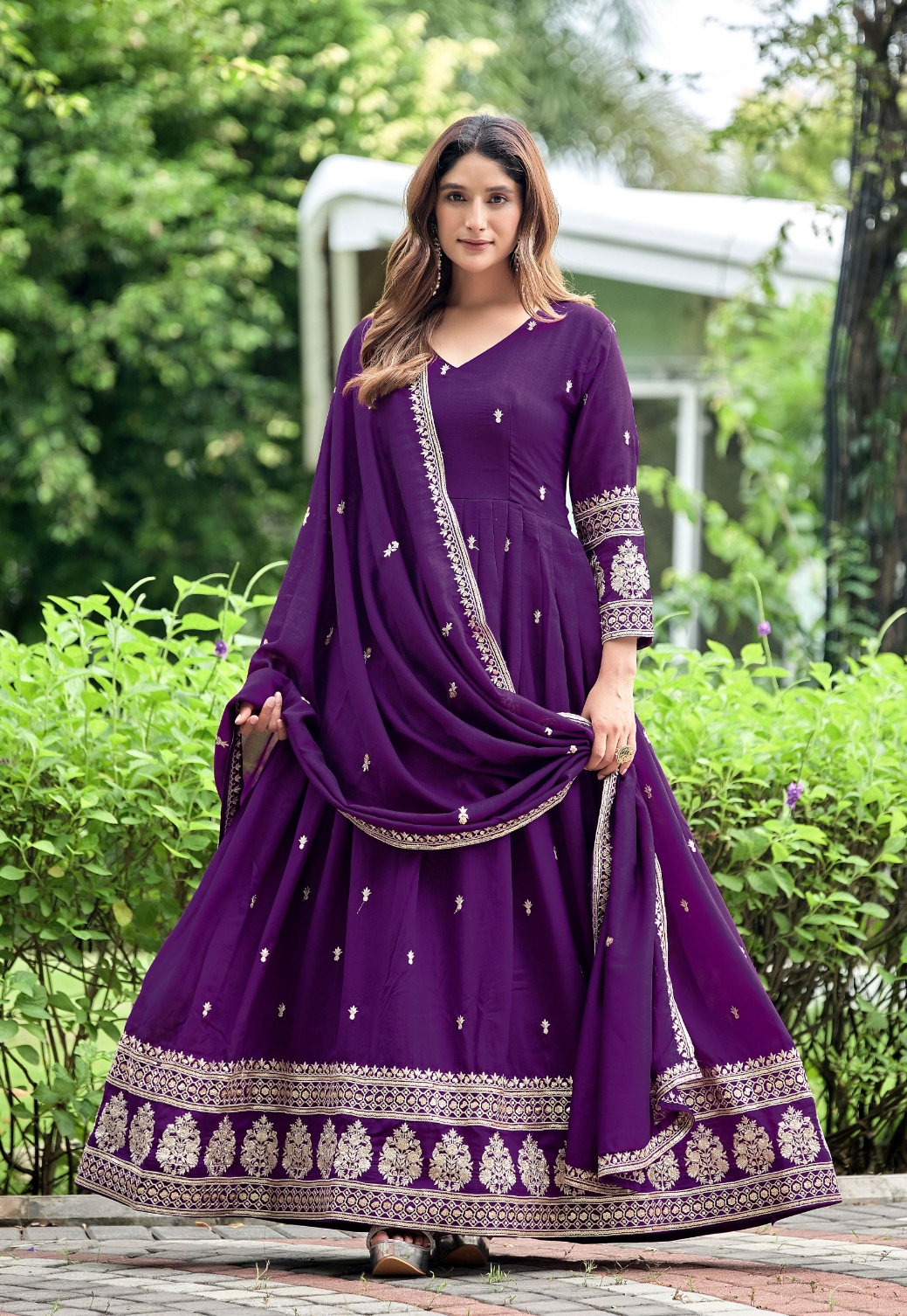 Purple Jaal Pattern Designer Work Chinon Gown