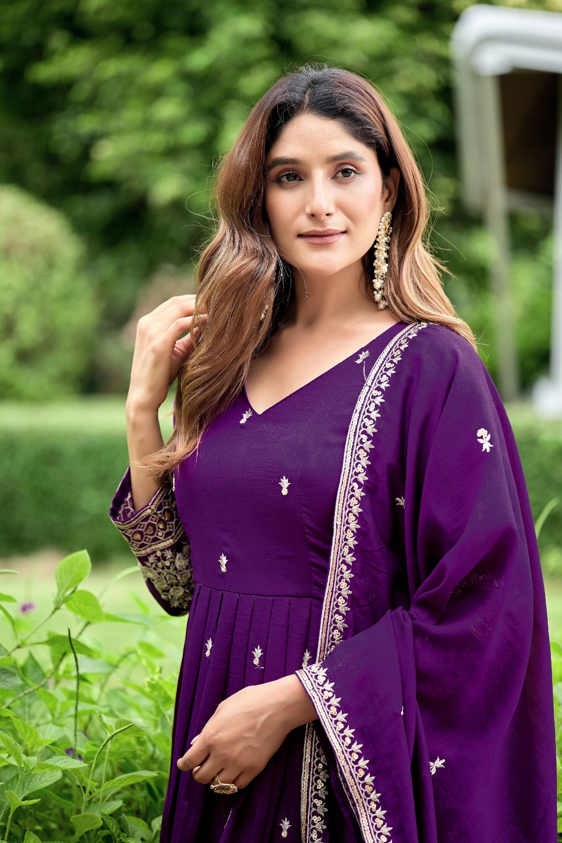 Purple Jaal Pattern Designer Work Chinon Gown