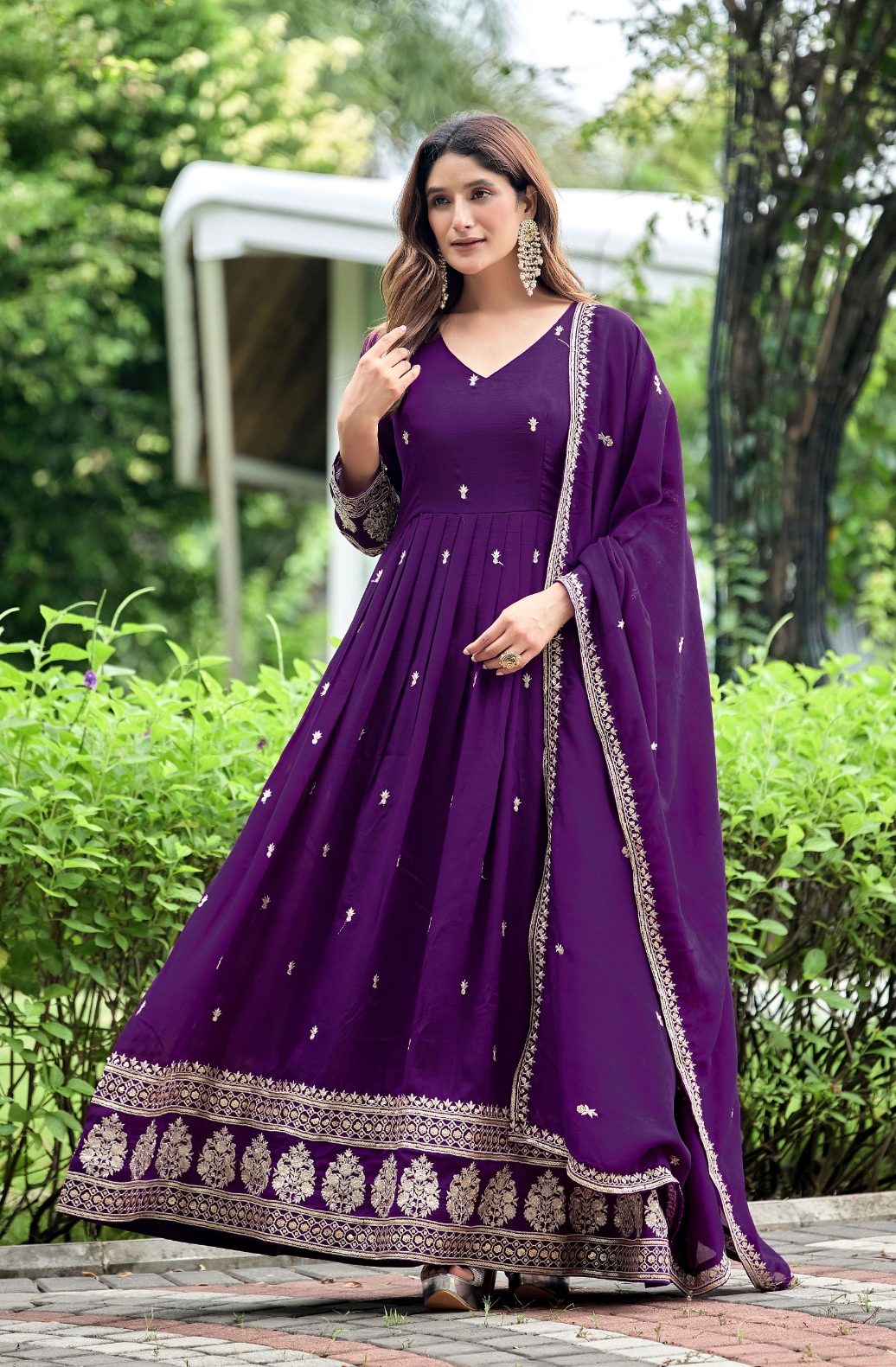 Purple Jaal Pattern Designer Work Chinon Gown
