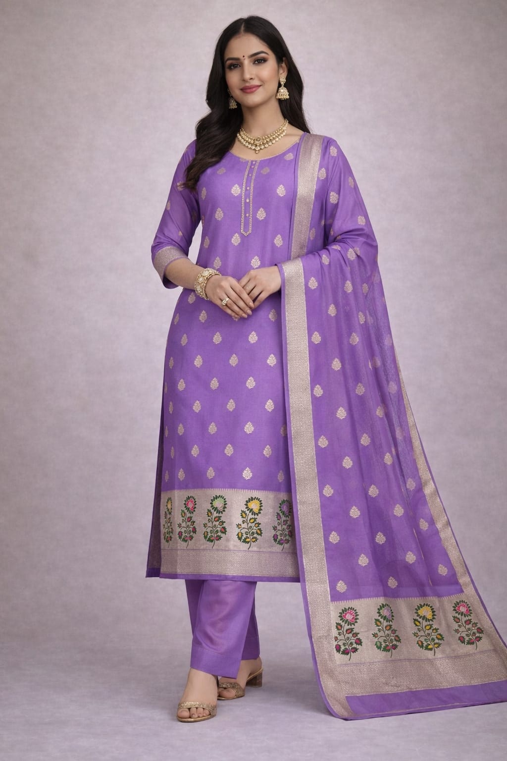 Purple Jacquard Designer Lichi Silk Salwar Suit