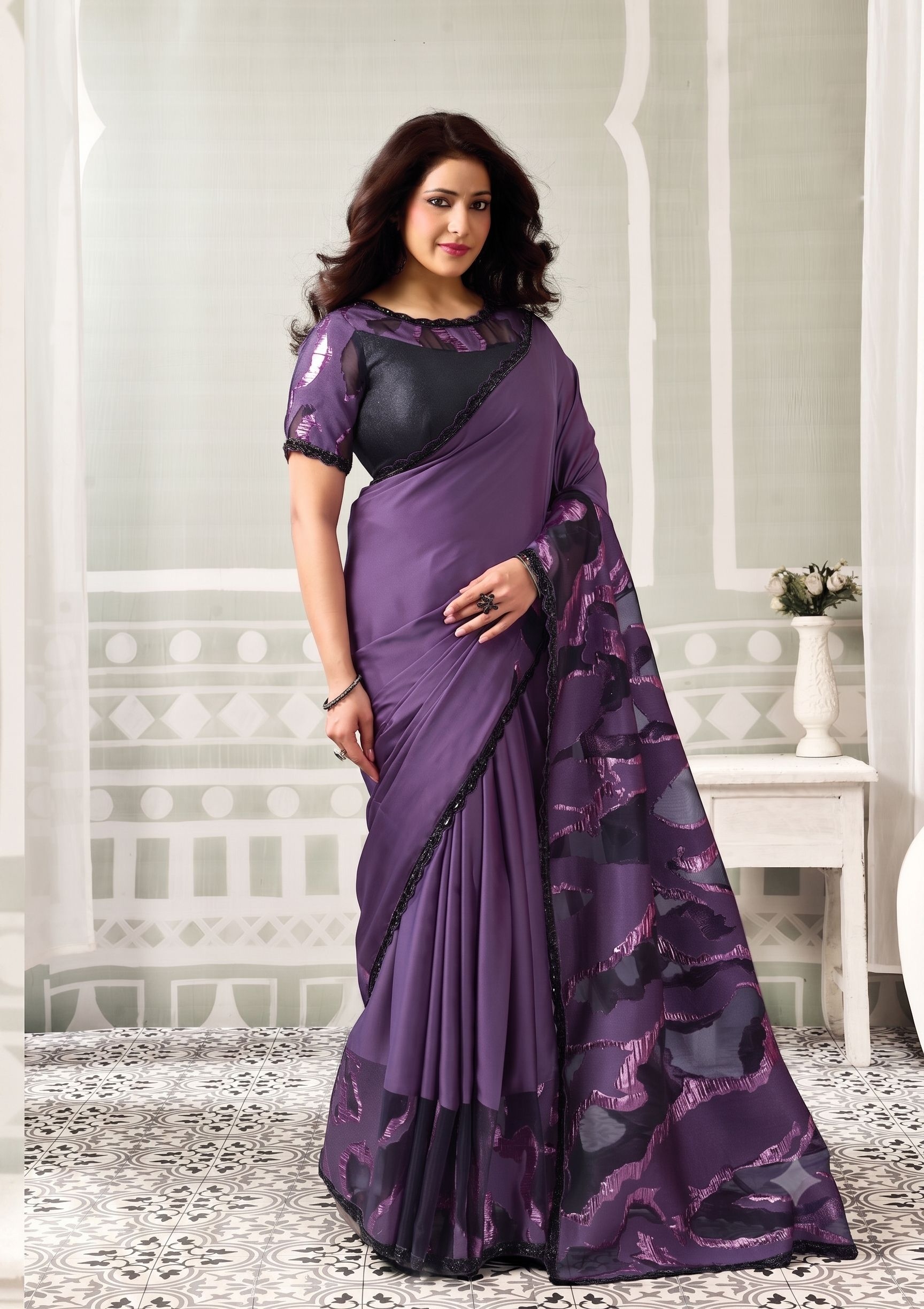 Purple Jacquard Satin Silk Embroidered Saree