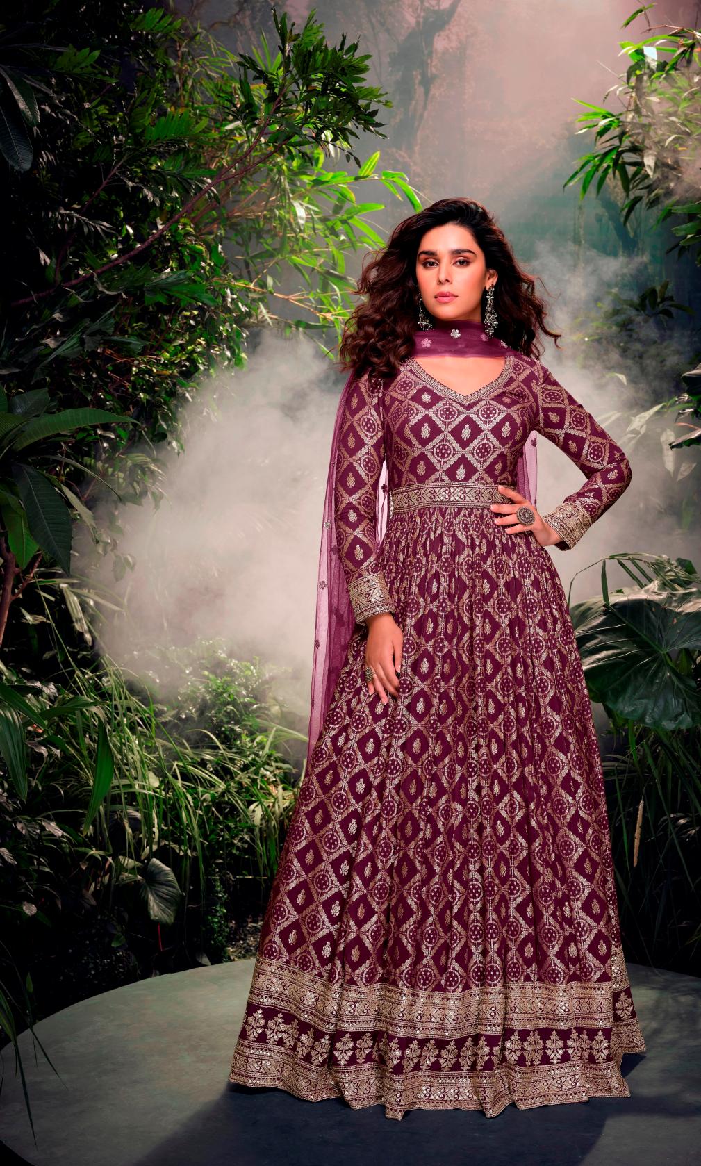 Purple Jacquard Silk Anarkali Suits