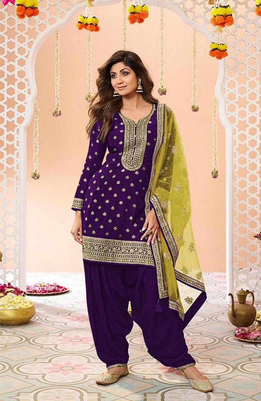 Purple Jacquard Silk Patiala Suit