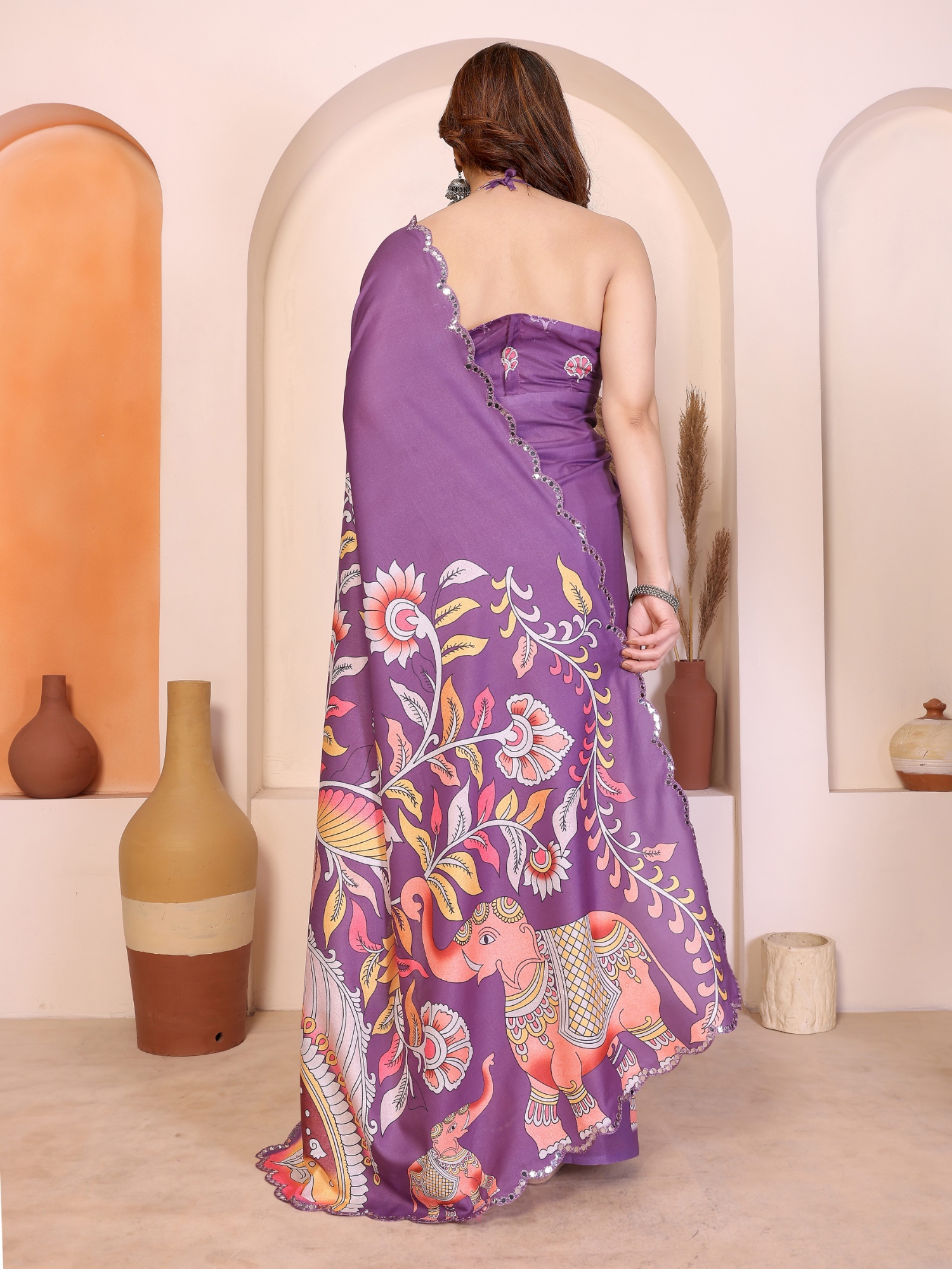 Purple Kalamkari Digital Print Manipuri Silk Party Wear Saree — alternate view