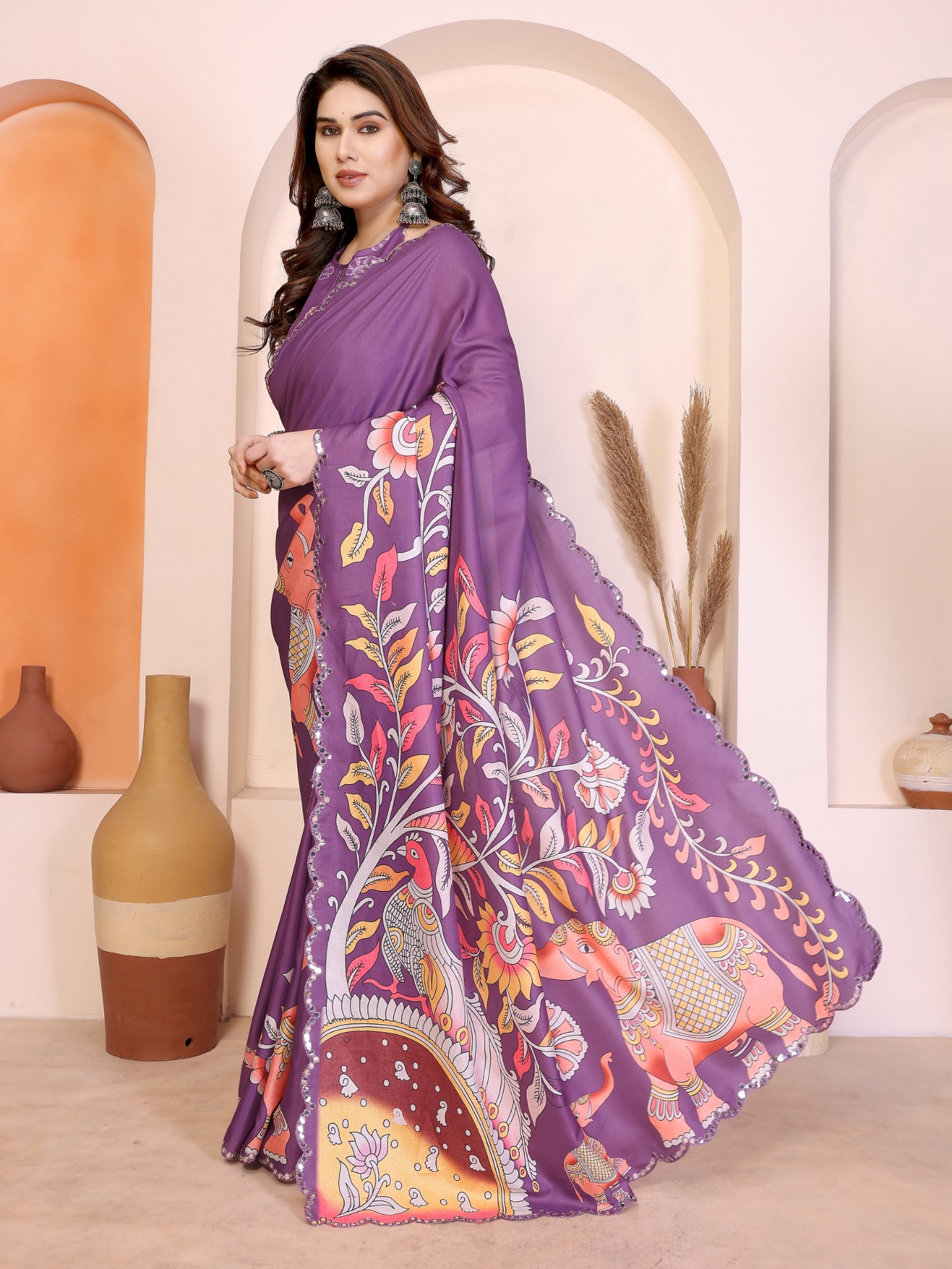 Purple Kalamkari Digital Print Manipuri Silk Party Wear Saree