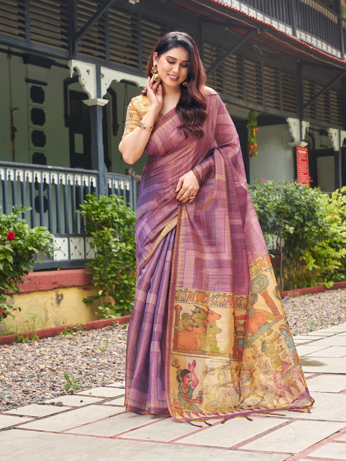 Purple Kalamkari Lahariya Tissue Silk Saree
