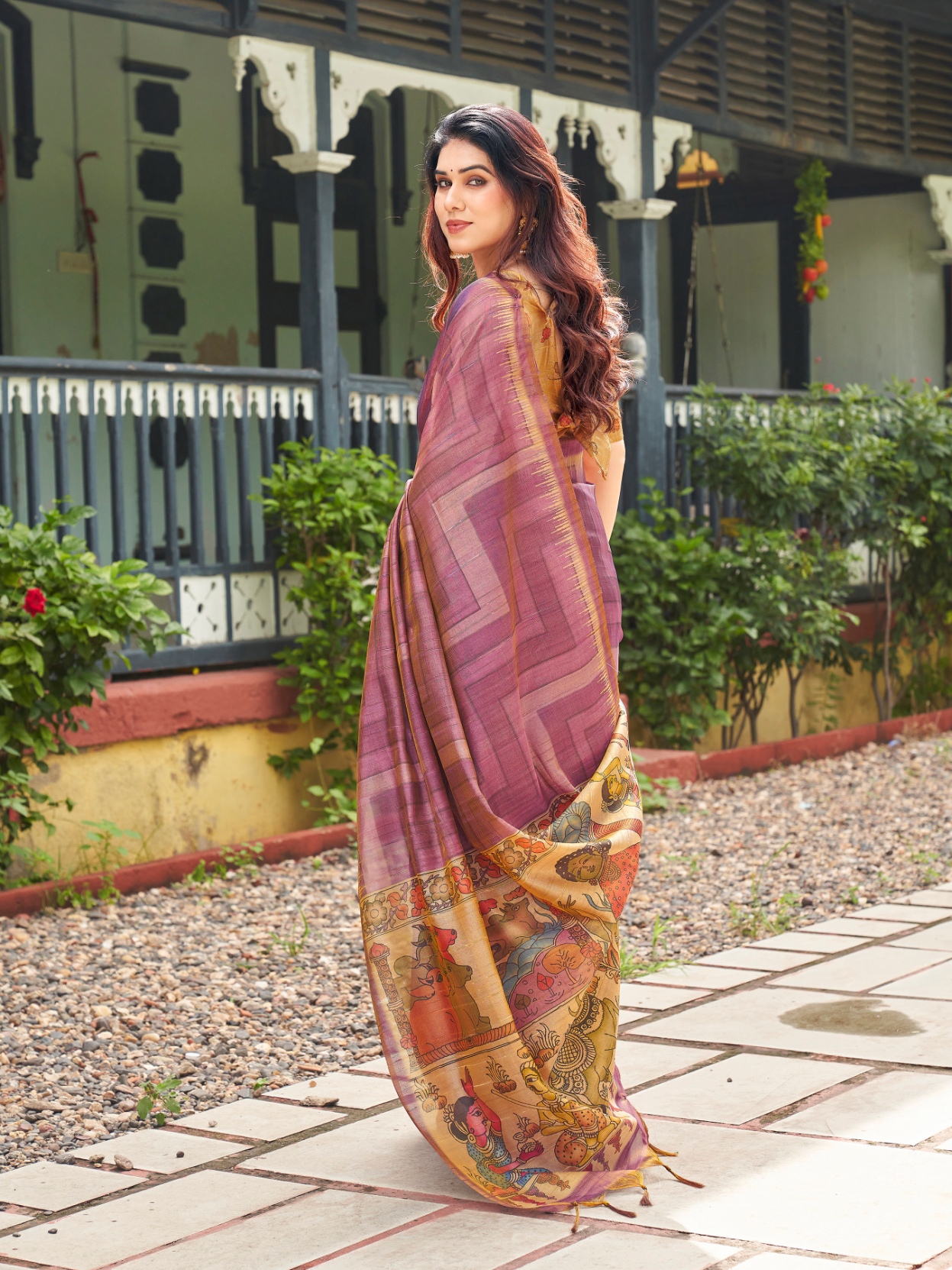 Purple Kalamkari Lahariya Tissue Silk Saree — alternate view