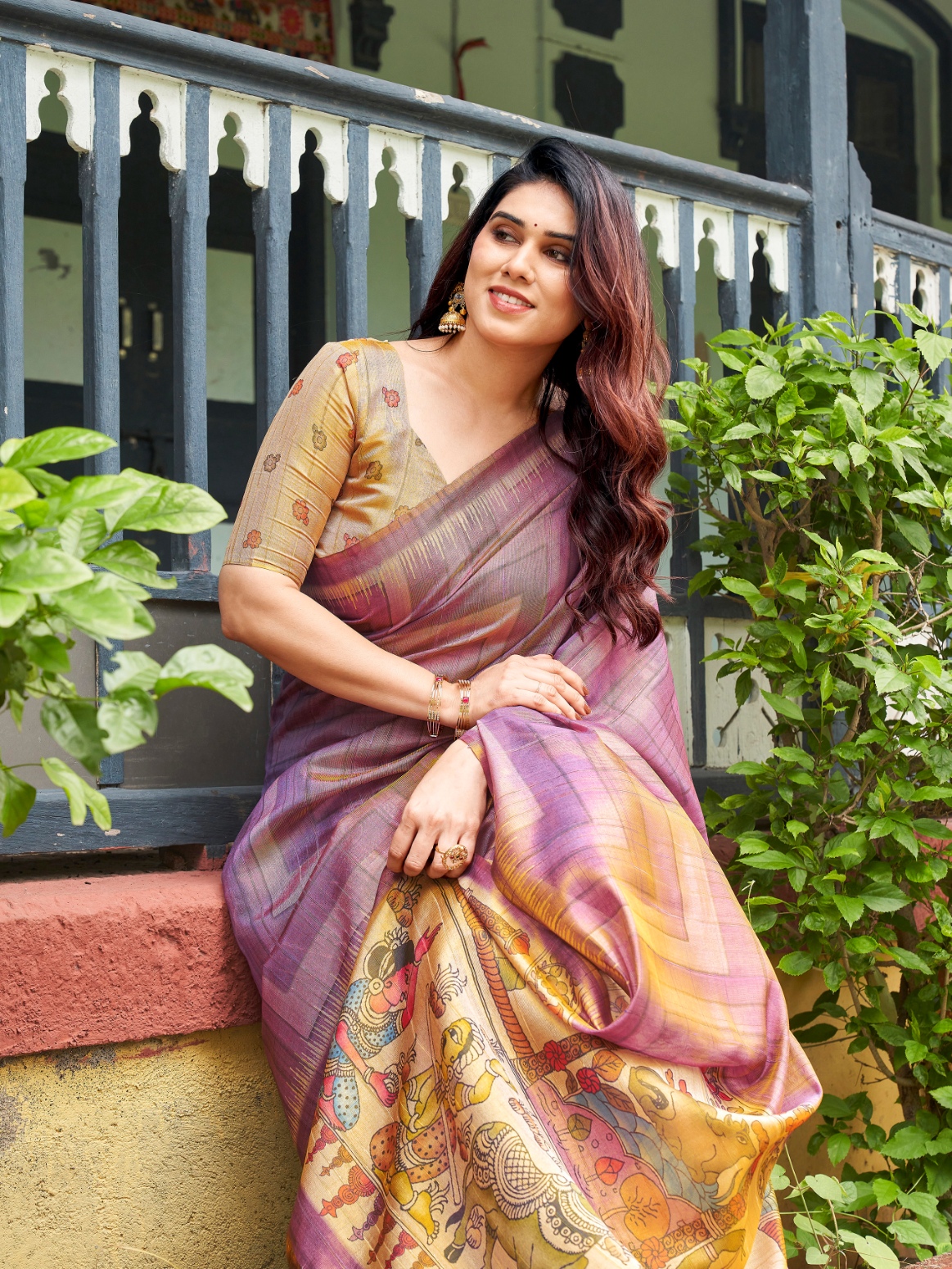 Purple Kalamkari Lahariya Tissue Silk Saree