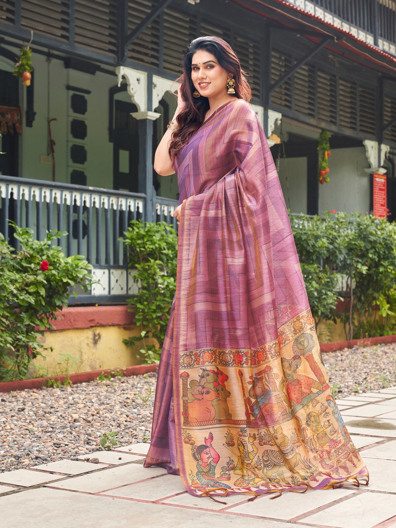 Purple Kalamkari Lahariya Tissue Silk Saree