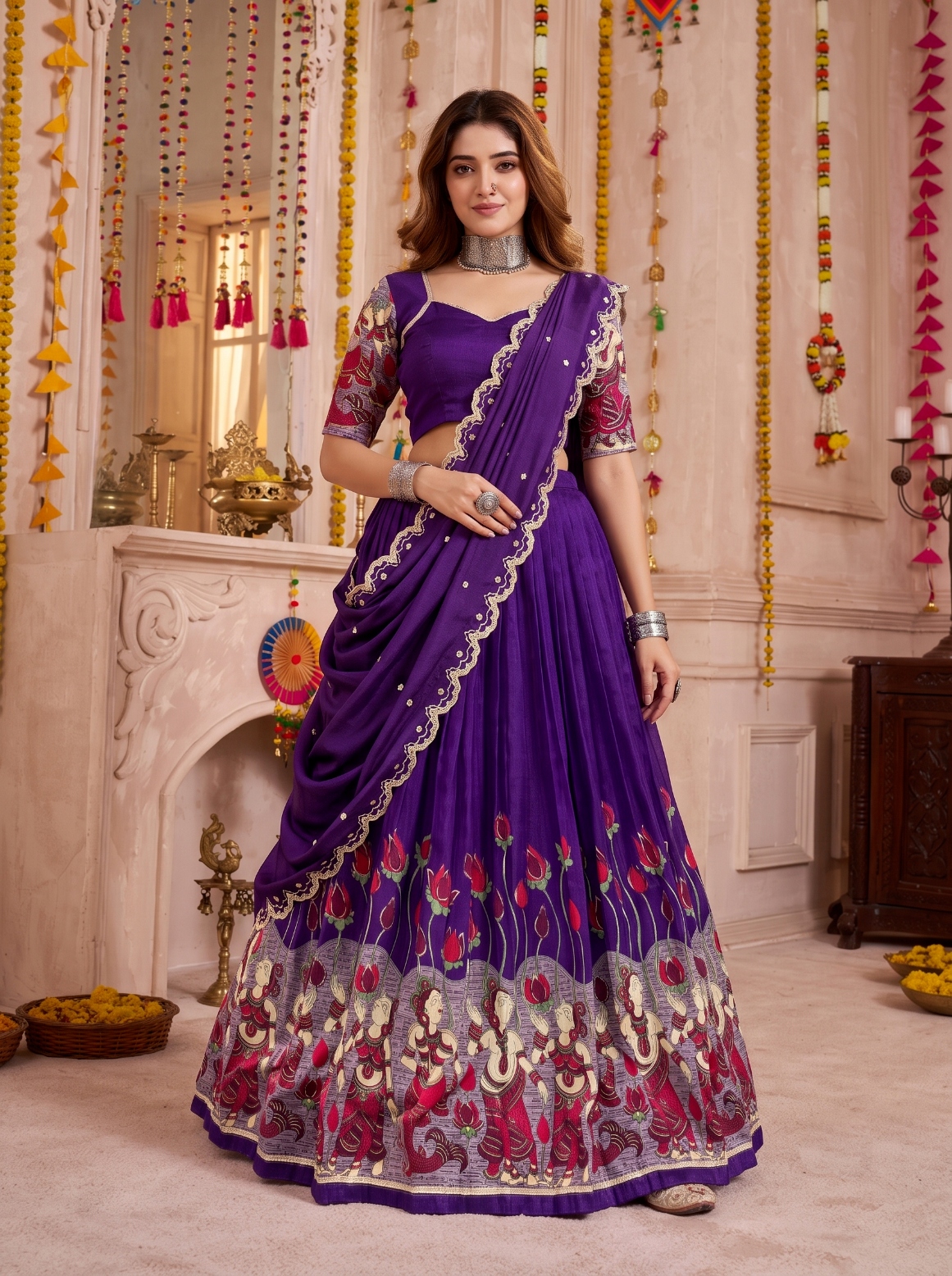 Purple Kalamkari Print Tasar Silk Lehenga Choli