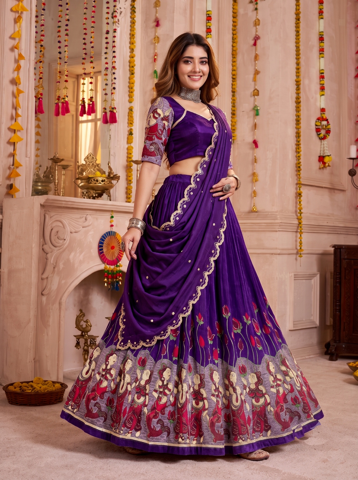 Purple Kalamkari Print Tasar Silk Lehenga Choli