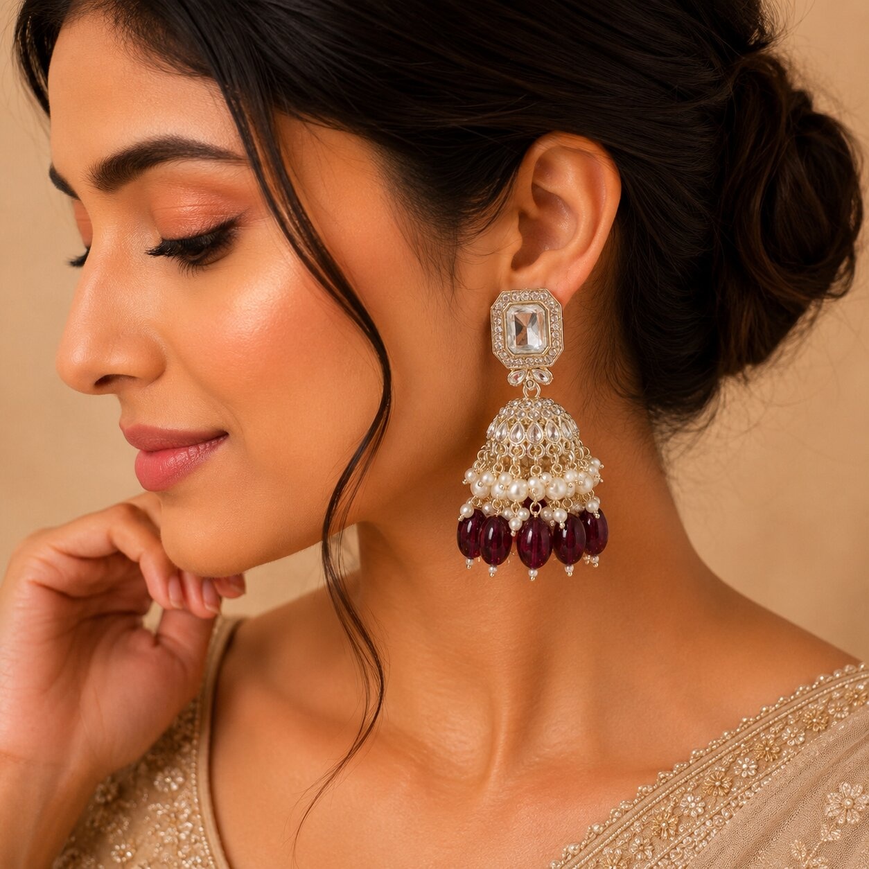 Purple Kundan Pearl Jhumka Earrings