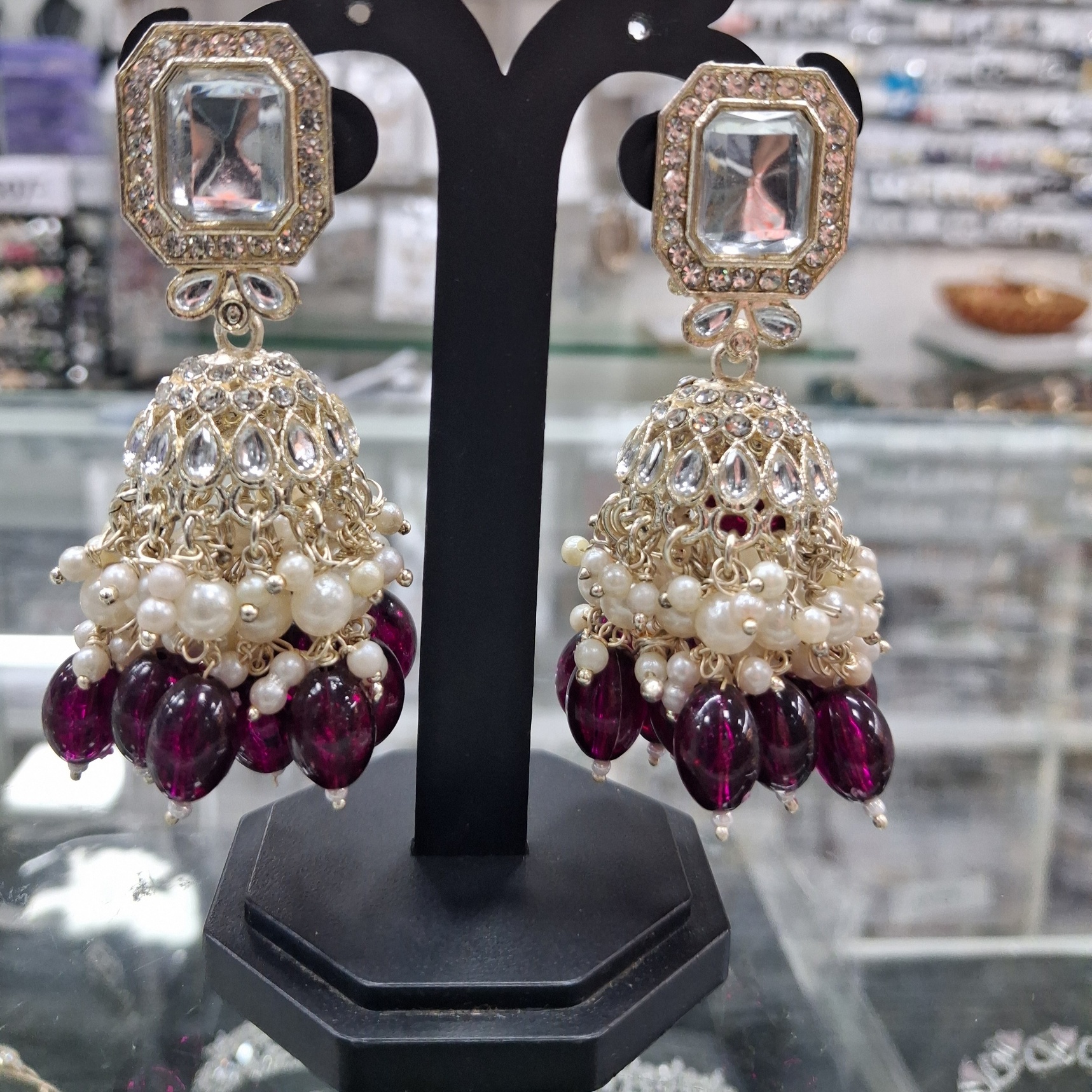 Purple Kundan Pearl Jhumka Earrings — alternate view