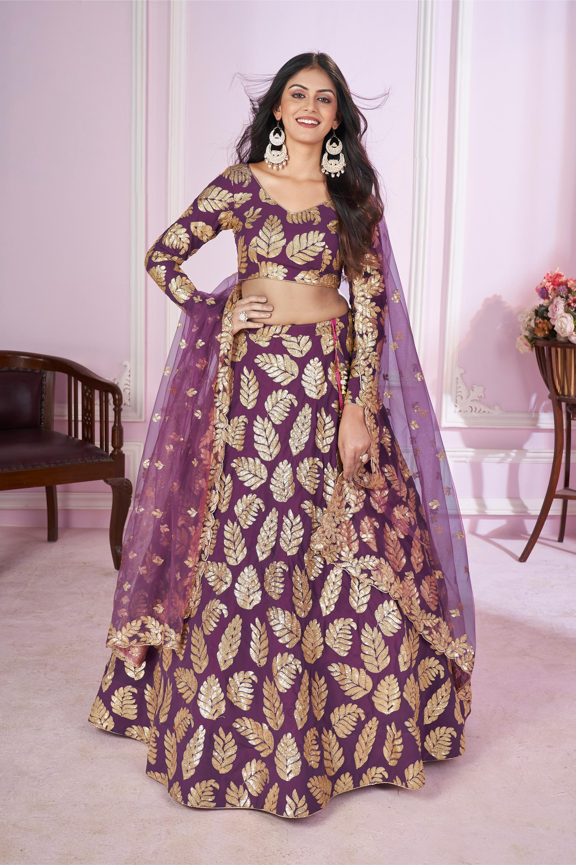 Purple Leaf Design Georgette Lehenga Choli
