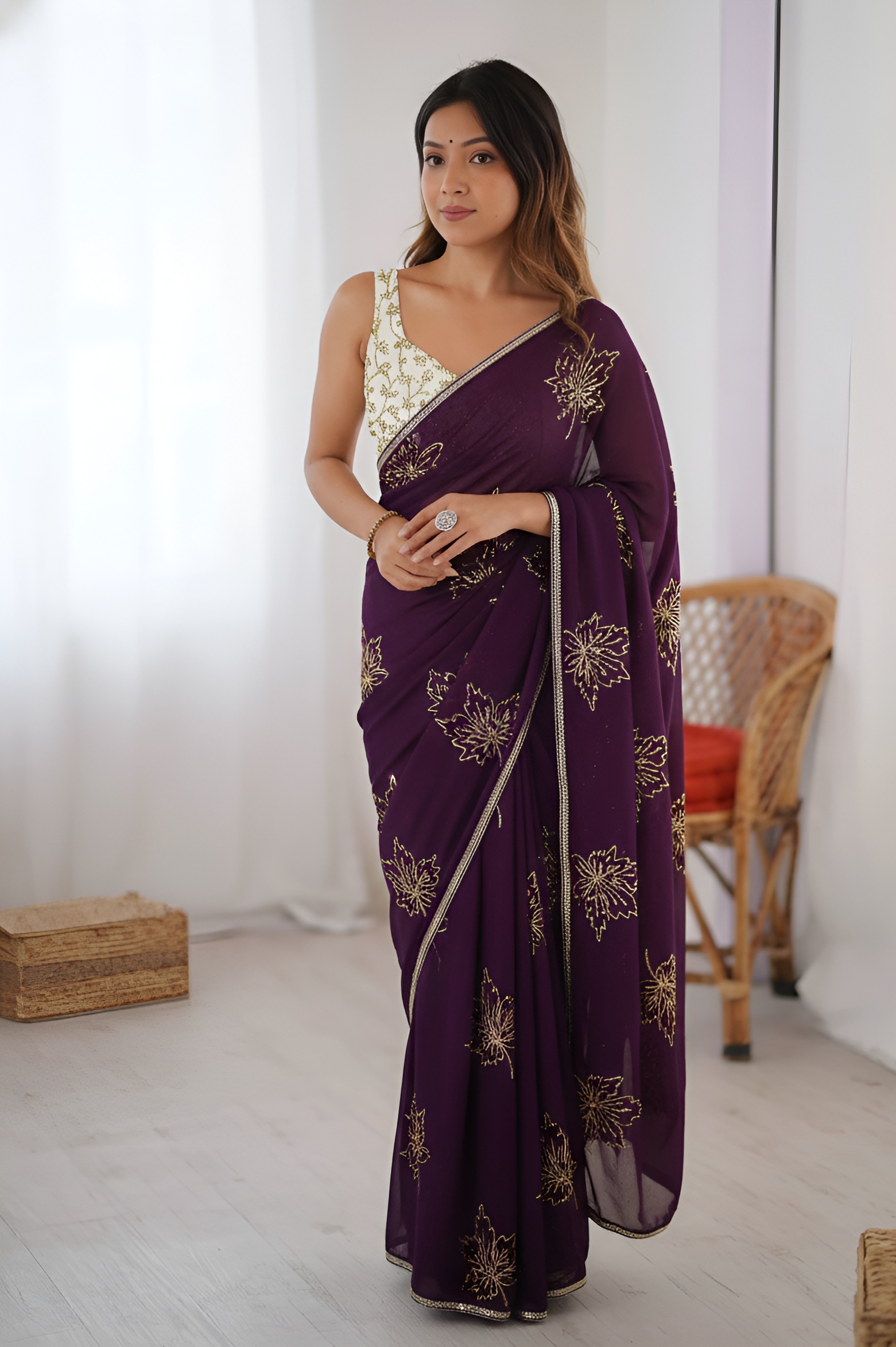 Purple Leaf Embroidered Vichitra Silk Saree