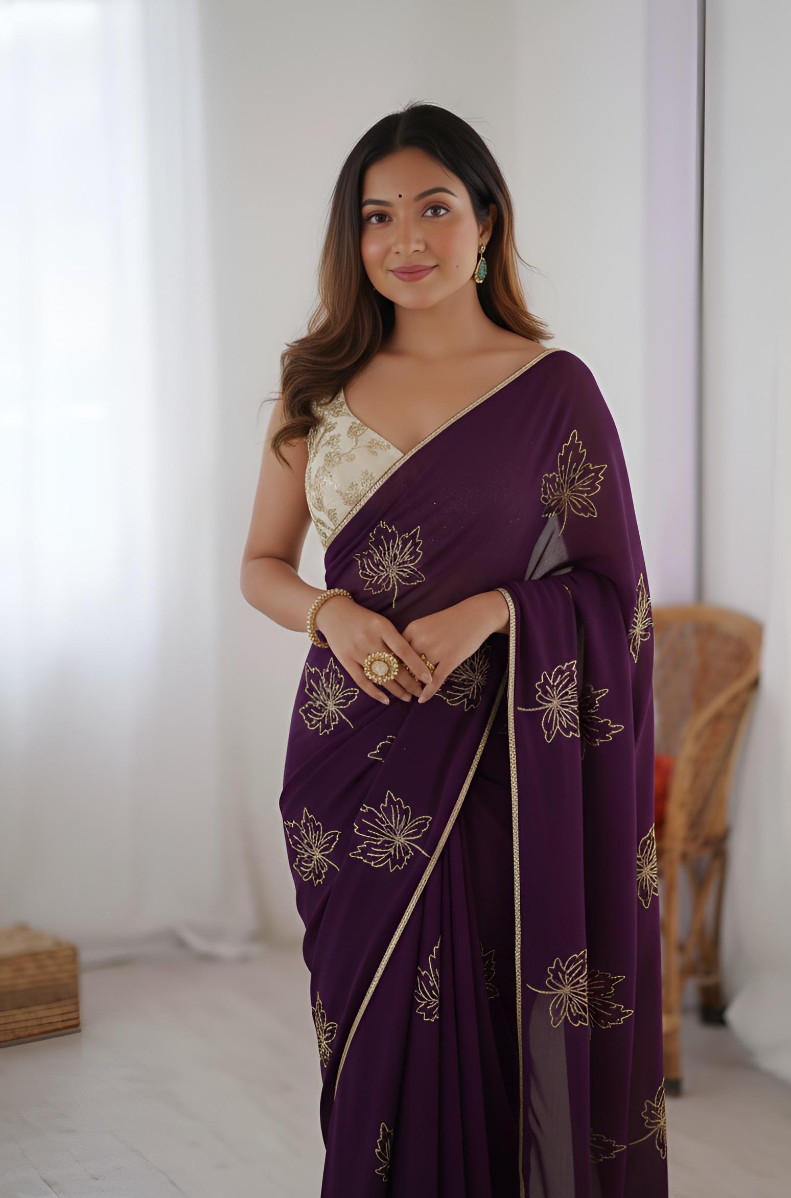 Purple Leaf Embroidered Vichitra Silk Saree — alternate view