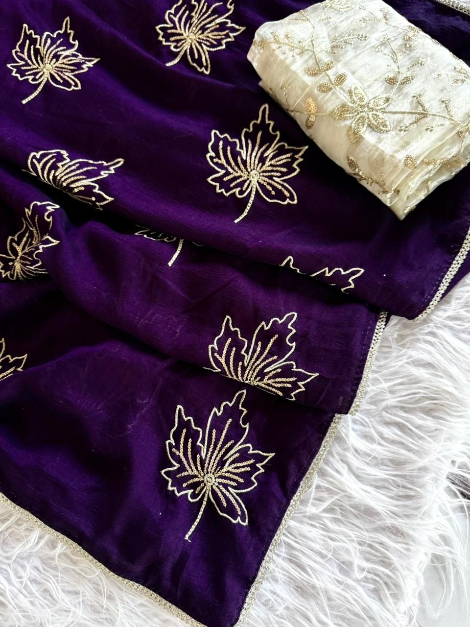 Purple Leaf Embroidered Vichitra Silk Saree